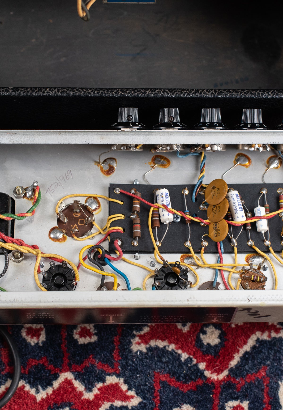Circuit board, tag board, capacitors, 1969 Fender Vibro Champ Amp guitar amplifier