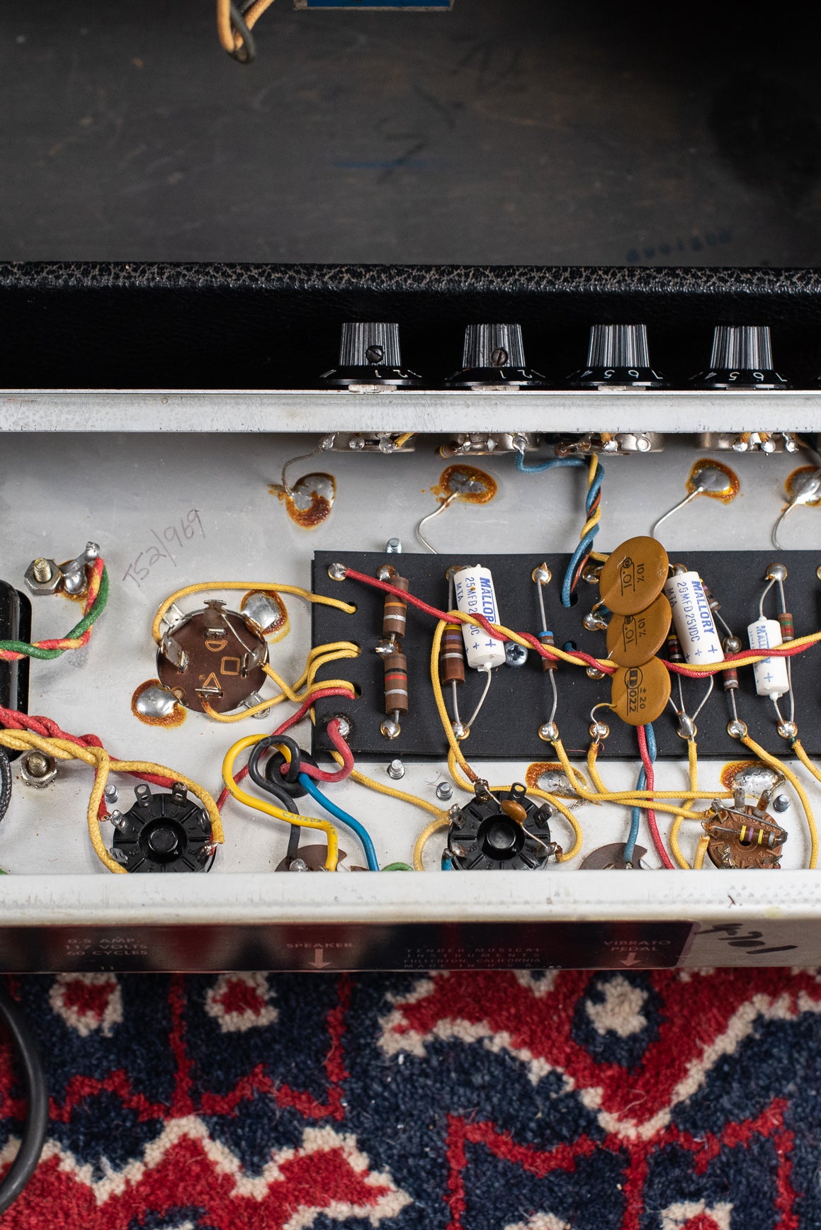 Circuit board, tag board, capacitors, 1969 Fender Vibro Champ Amp guitar amplifier