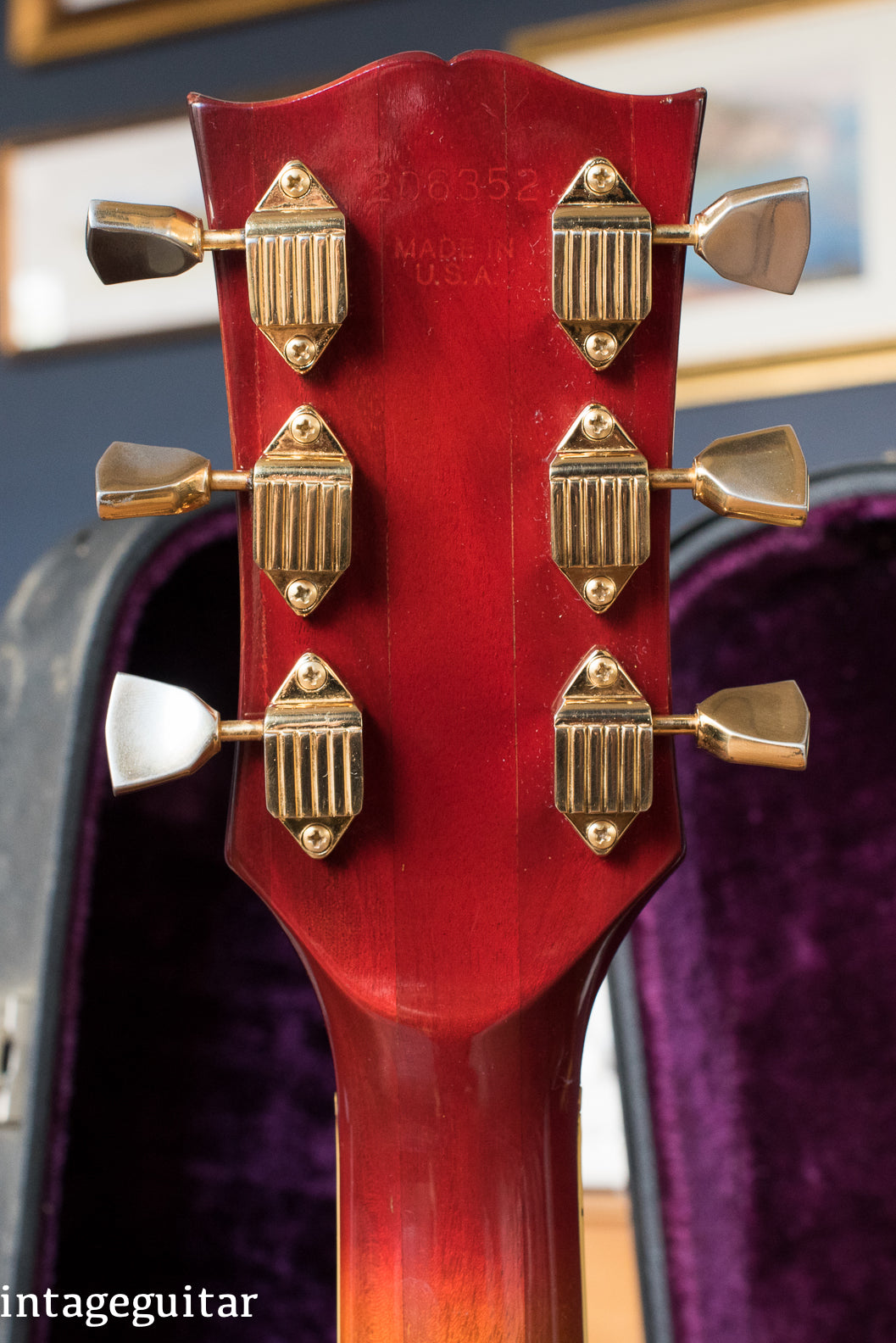 Tuners, back of headstock, Vintage 1974 Gibson Les Paul Custom Cherry Sunburst