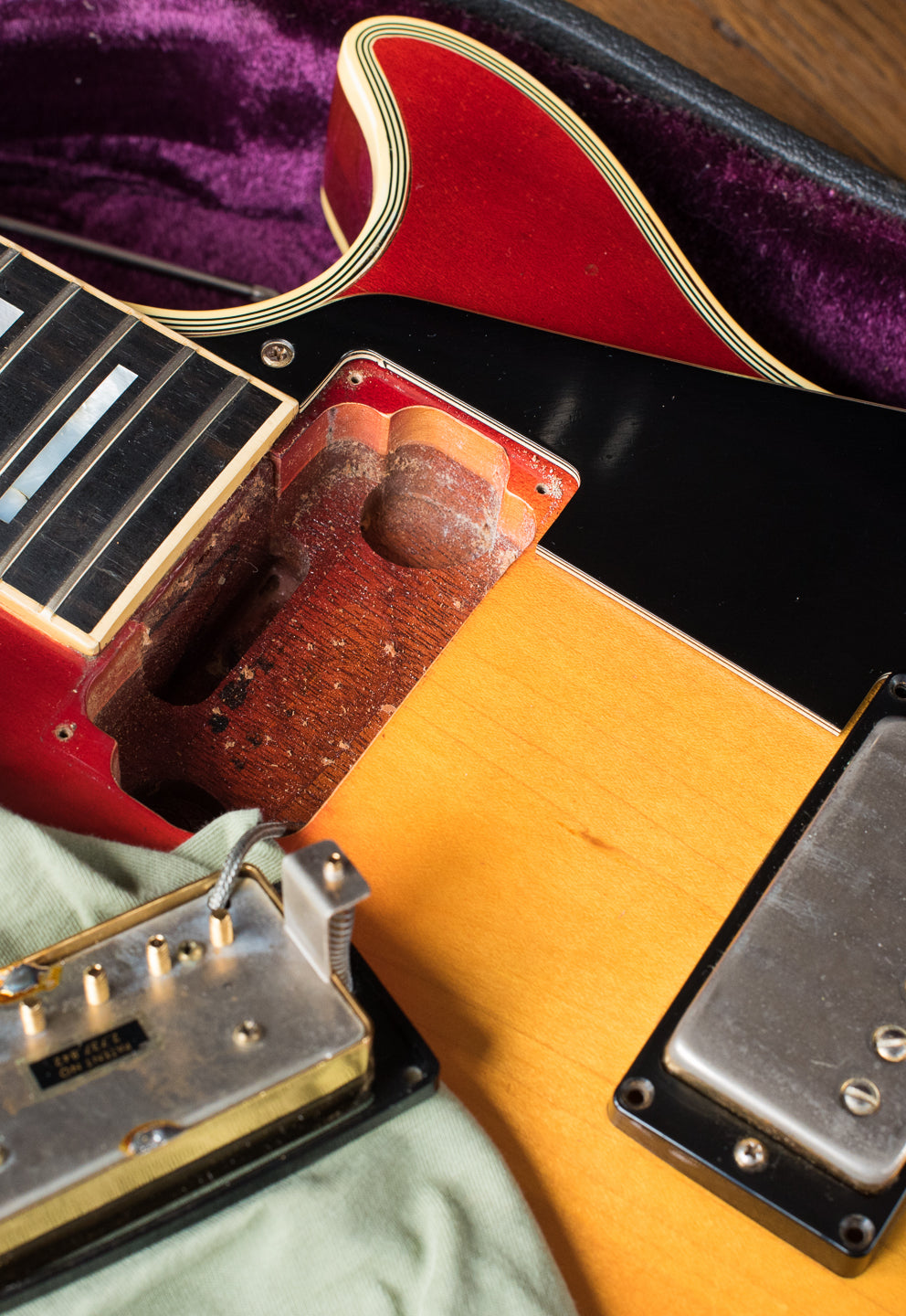Neck pickup cavity, Vintage 1974 Gibson Les Paul Custom Cherry Sunburst
