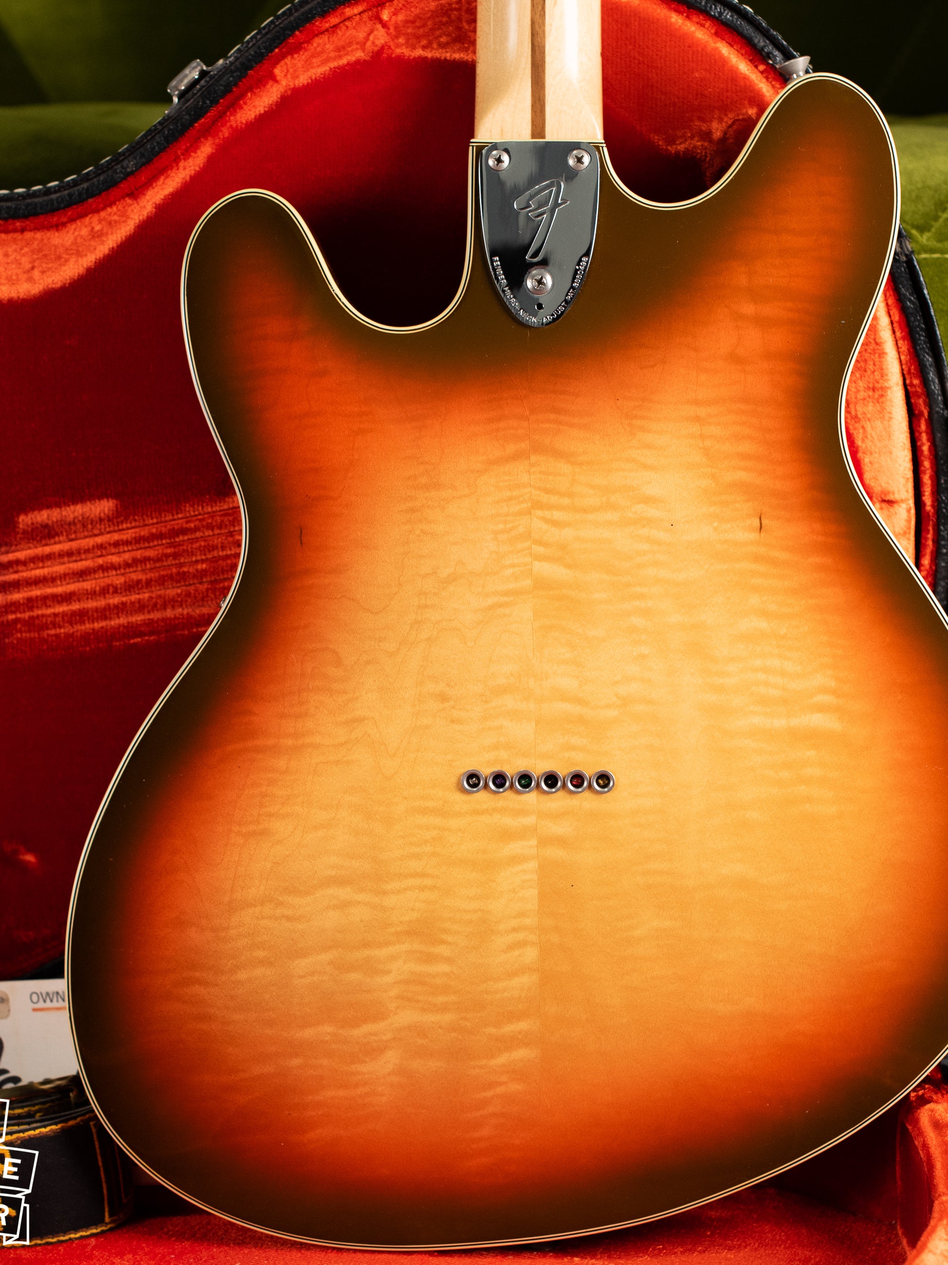 Back of body, flame Maple, Vintage 1976 Fender Starcaster Sunburst guitar