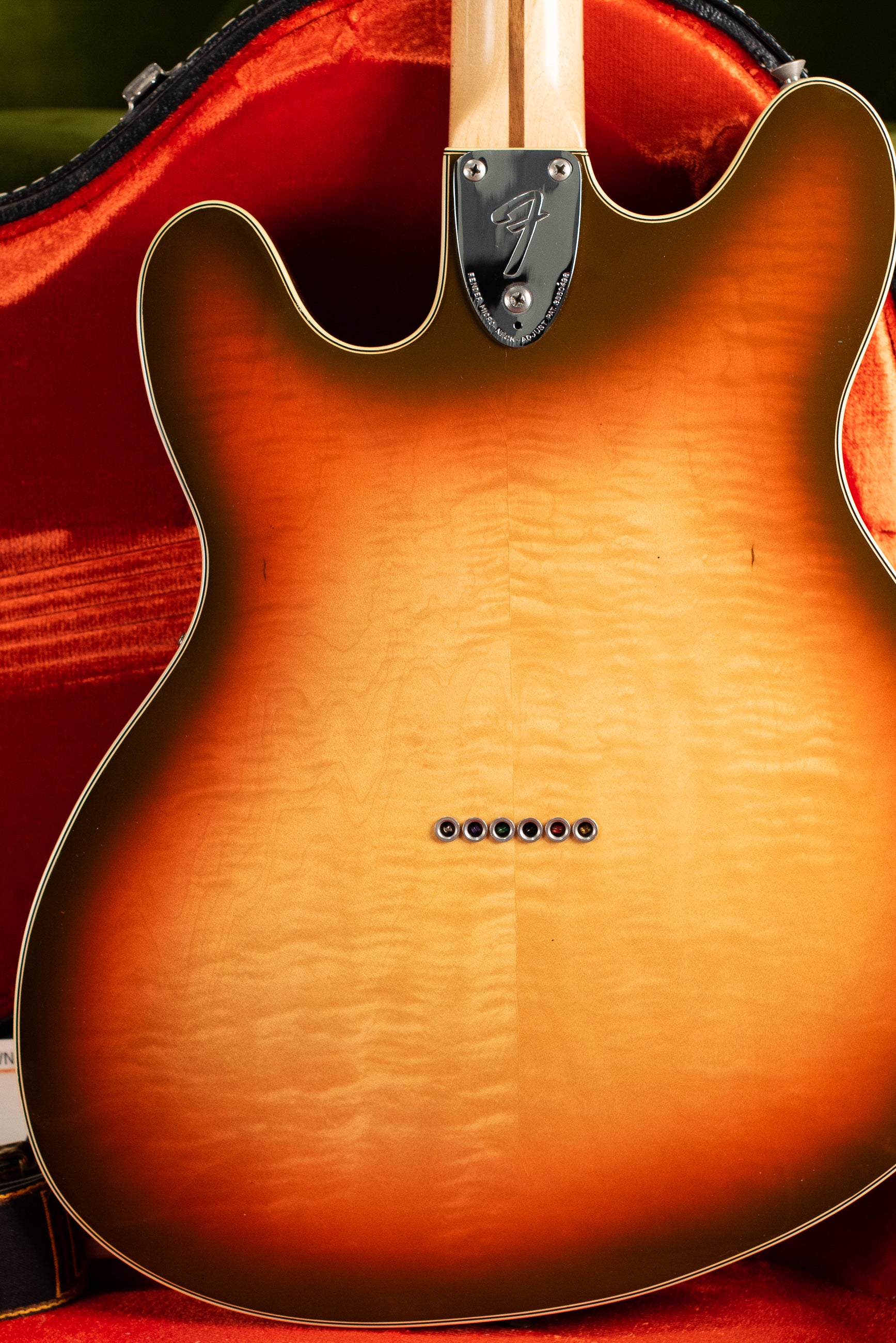 Back of body, flame Maple, Vintage 1976 Fender Starcaster Sunburst guitar