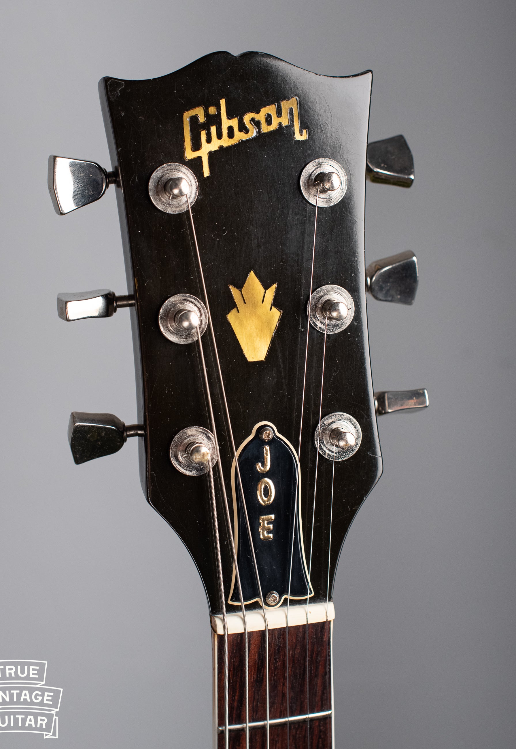 headstock, "JOE" name on truss rod cover, Vintage 1977 Gibson ES-335 Walnut with Bigsby