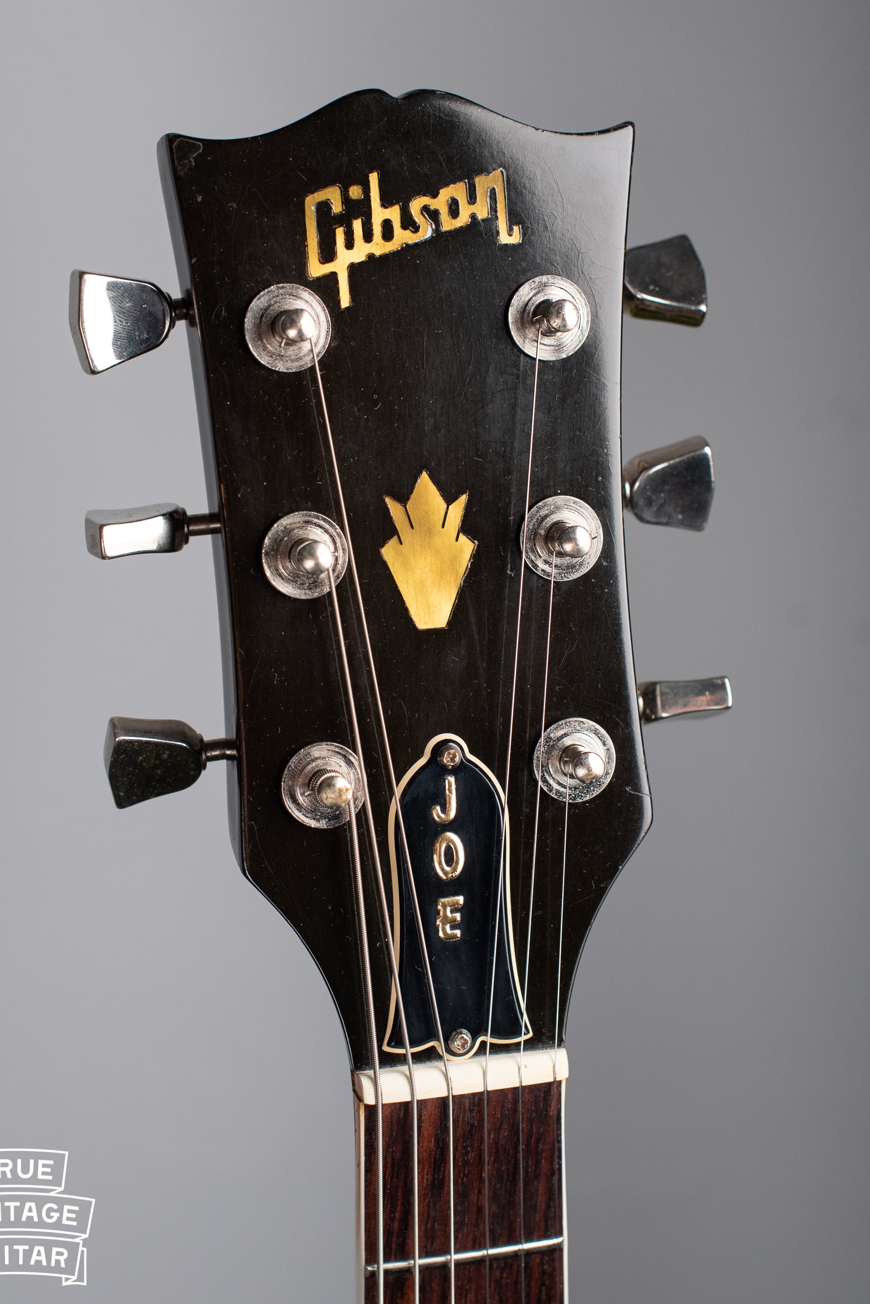 headstock, "JOE" name on truss rod cover, Vintage 1977 Gibson ES-335 Walnut with Bigsby