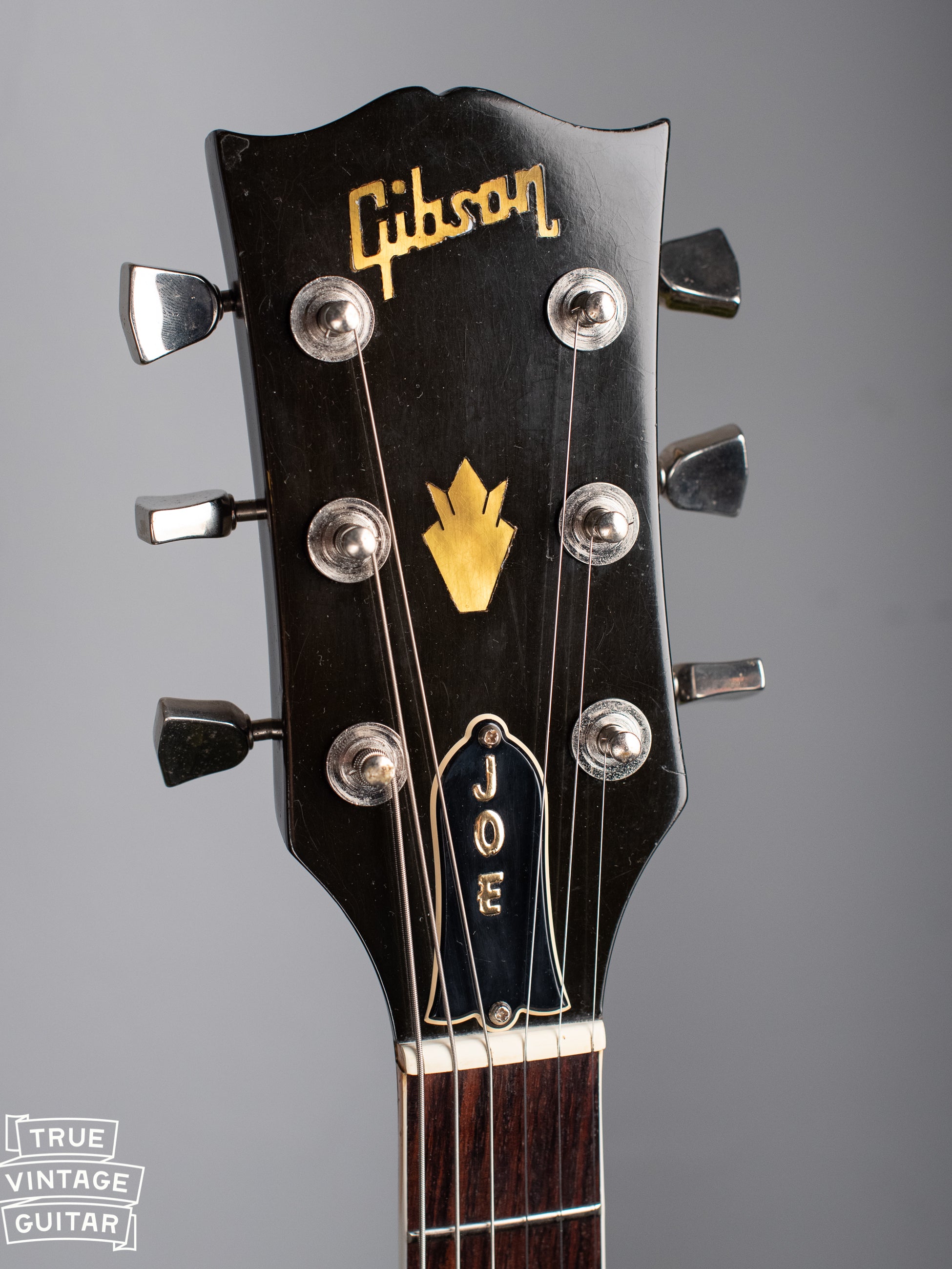 headstock, "JOE" name on truss rod cover, Vintage 1977 Gibson ES-335 Walnut with Bigsby