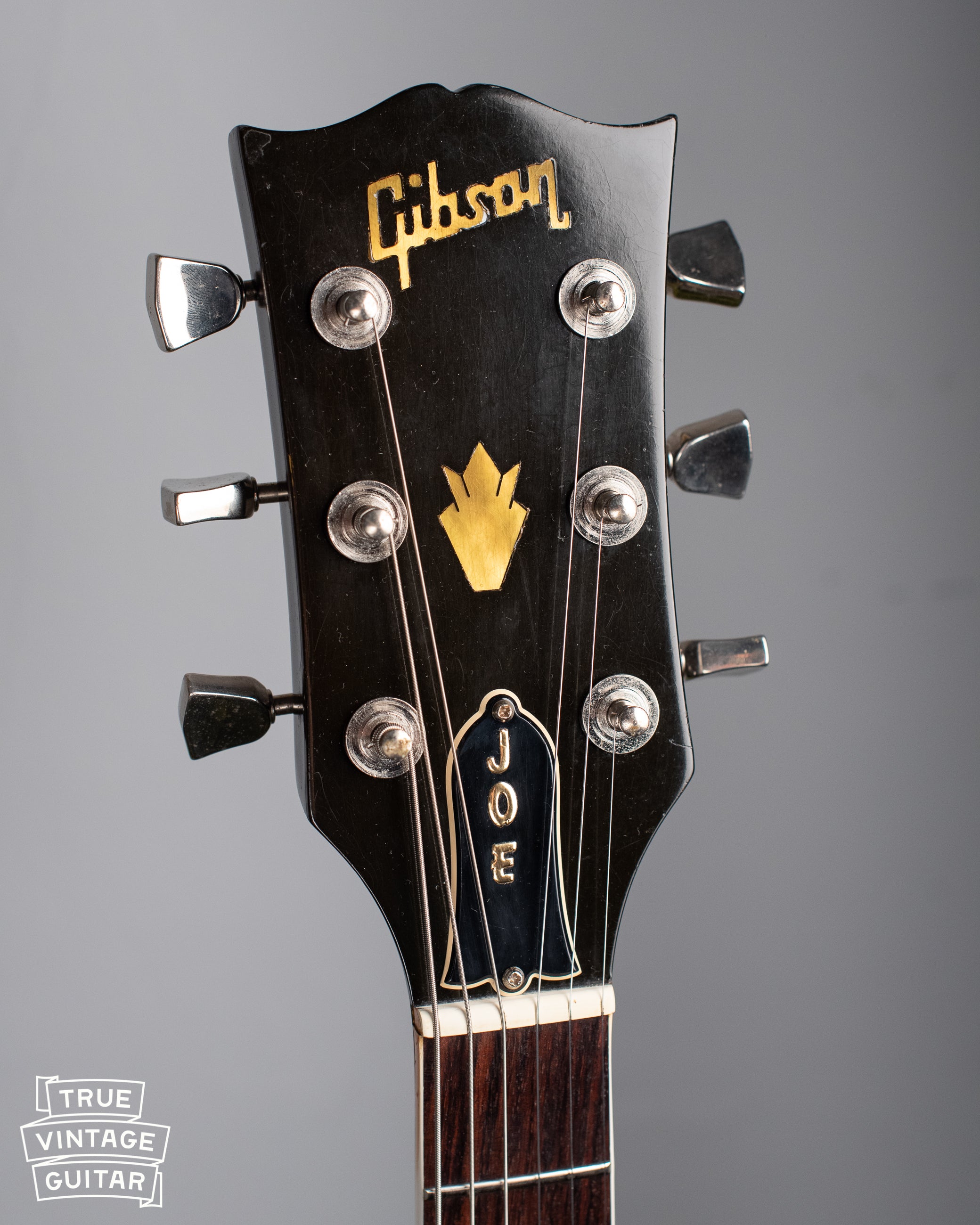 headstock, "JOE" name on truss rod cover, Vintage 1977 Gibson ES-335 Walnut with Bigsby