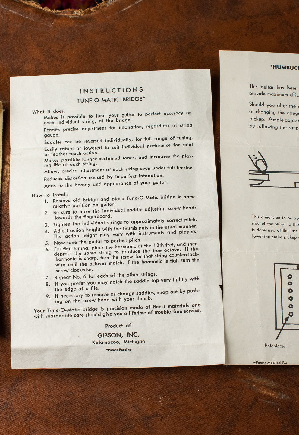 1960 Gibson paperwork Humbucker adjustment sheet Tune-o-matic bridge adjustment sheet