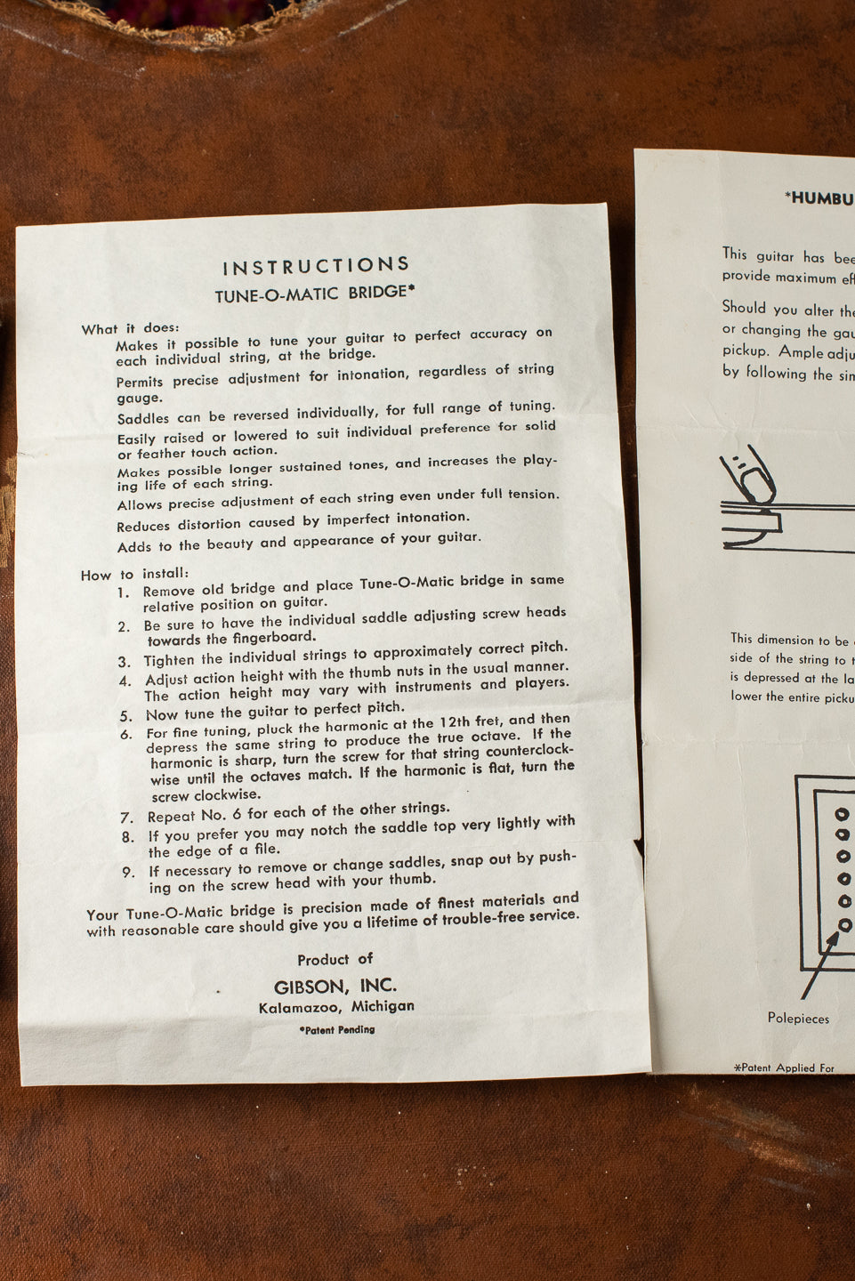 1960 Gibson paperwork Humbucker adjustment sheet Tune-o-matic bridge adjustment sheet