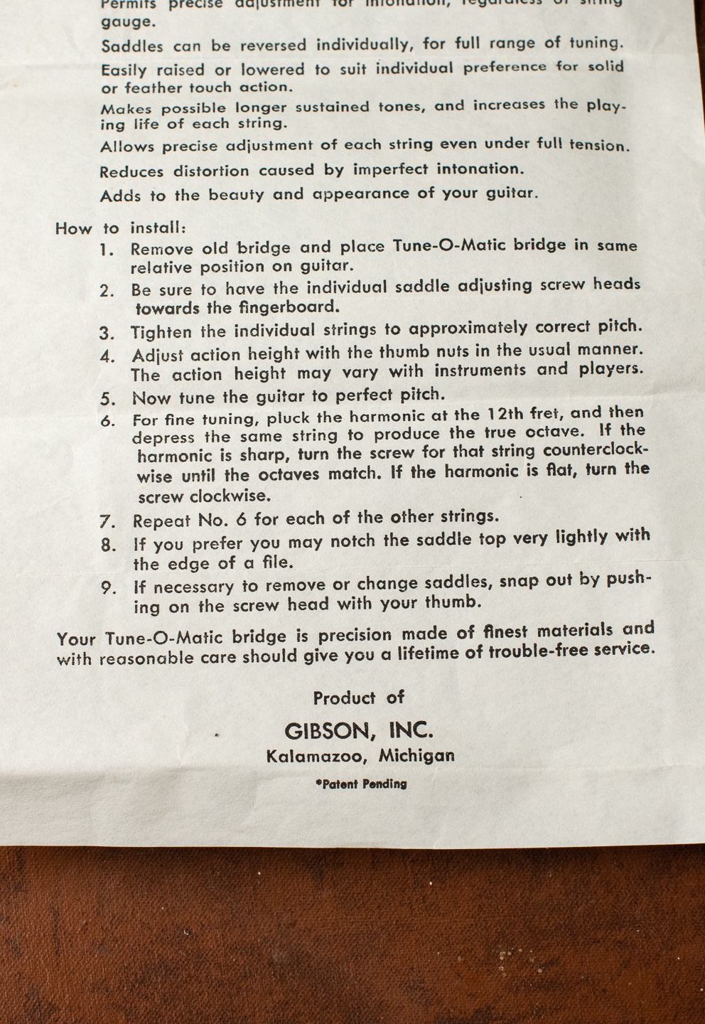 1960 Gibson ABR-1 bridge adjustment sheet