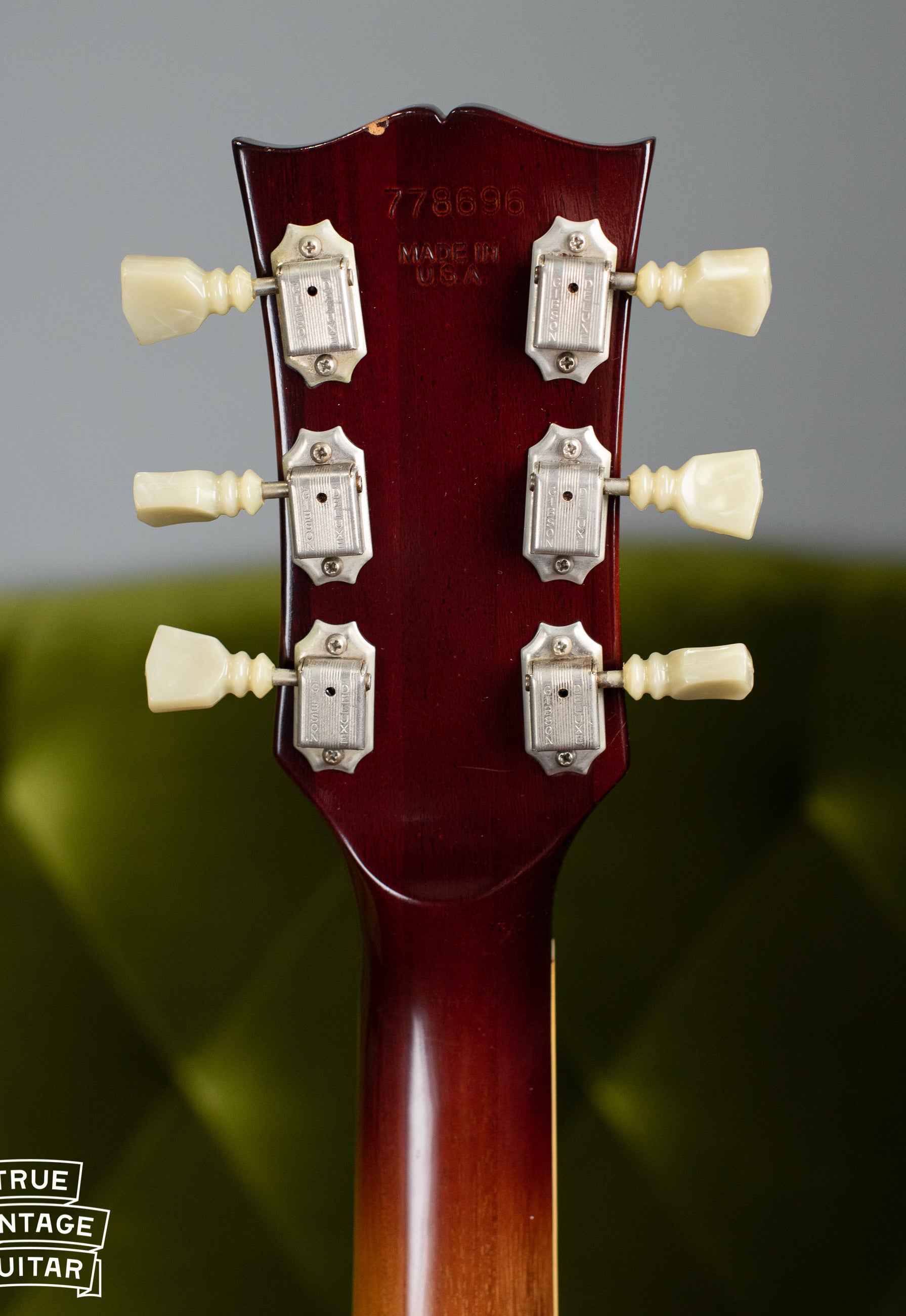 Double line Kluson opal button tuners, back of neck, Vintage 1972 Gibson Les Paul Deluxe electric guitar