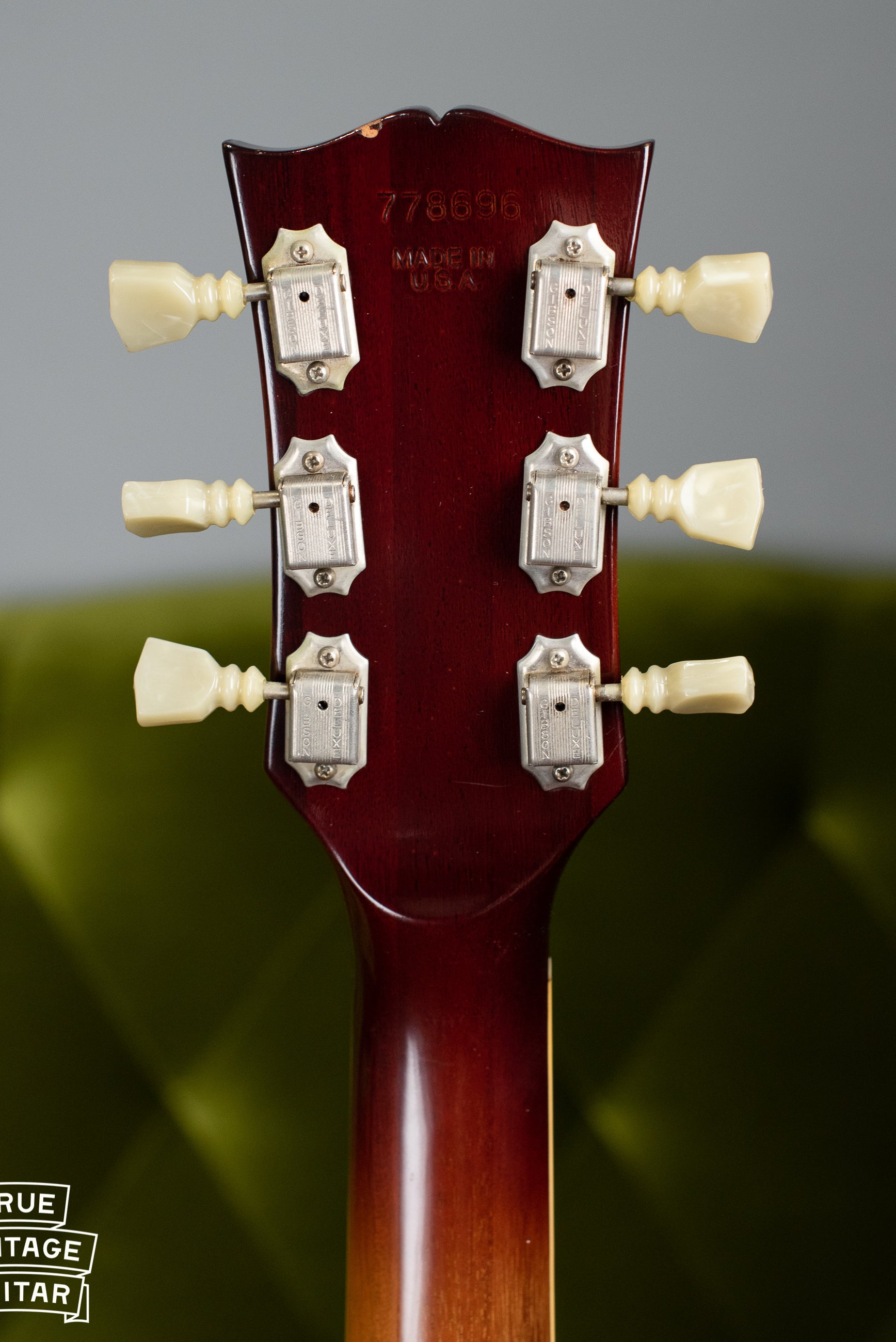 Double line Kluson opal button tuners, back of neck, Vintage 1972 Gibson Les Paul Deluxe electric guitar