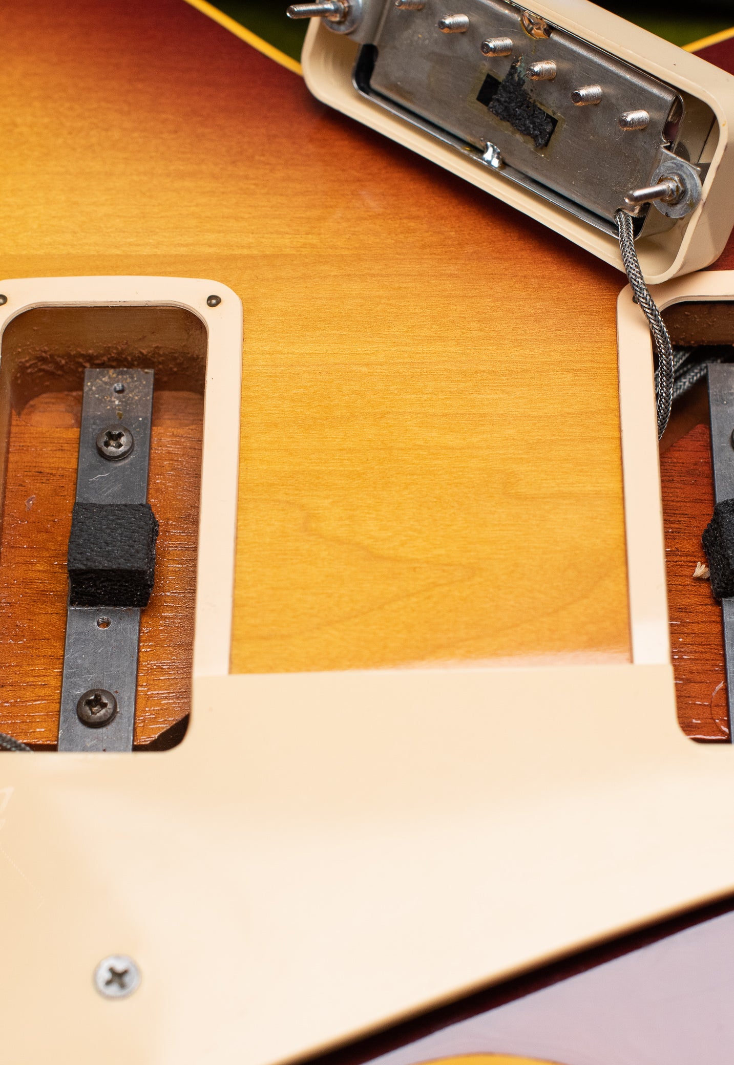 Neck pickup cavity, neck tenon, Vintage 1972 Gibson Les Paul Deluxe electric guitar