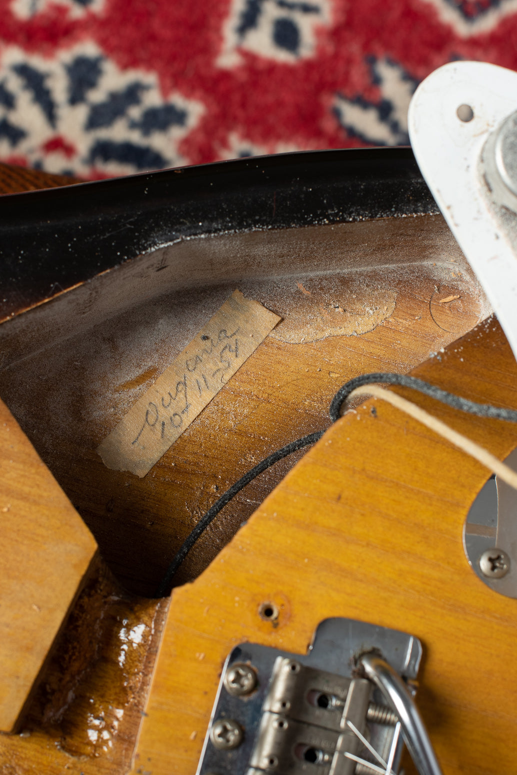 "Virginia 10-11-54" masking tape signature in control cavity of Fender Stratocaster 1954
