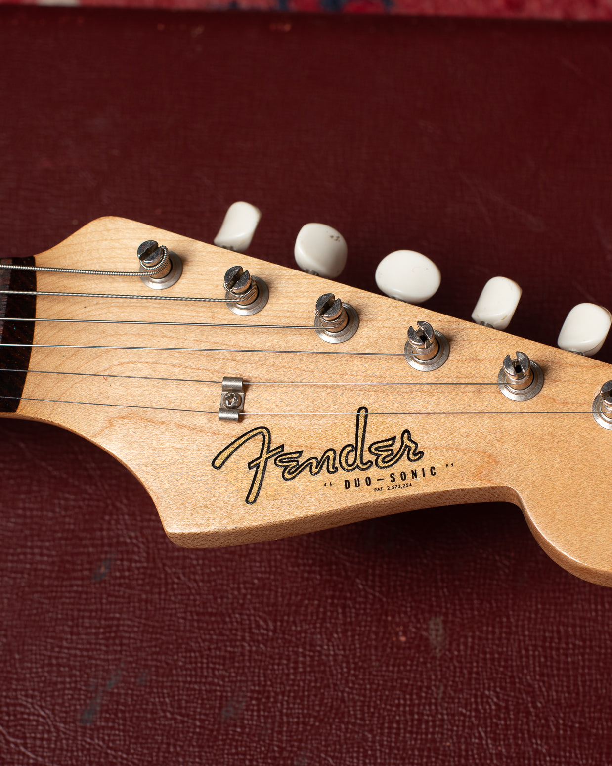 Peghead with spaghetti Fender logo and "Duo - Sonic"