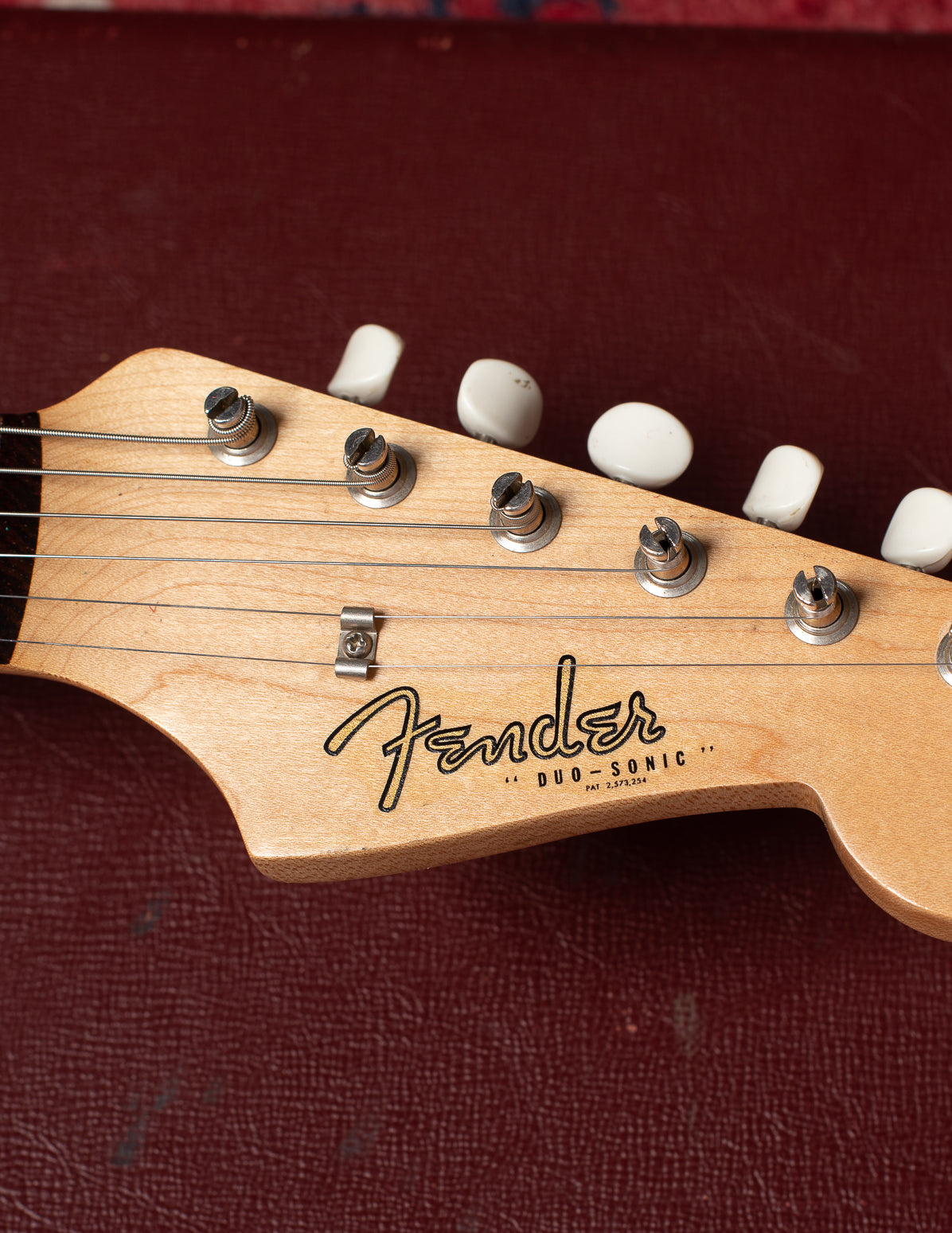 Peghead with spaghetti Fender logo and "Duo - Sonic"
