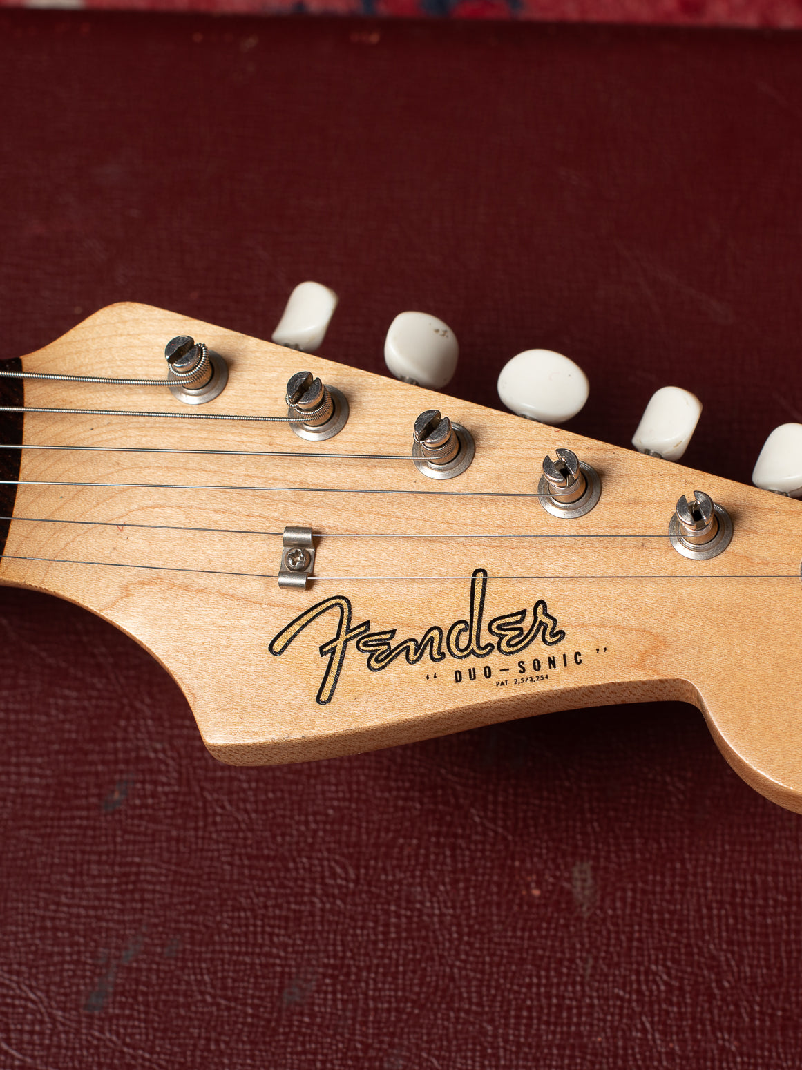 Peghead with spaghetti Fender logo and "Duo - Sonic"