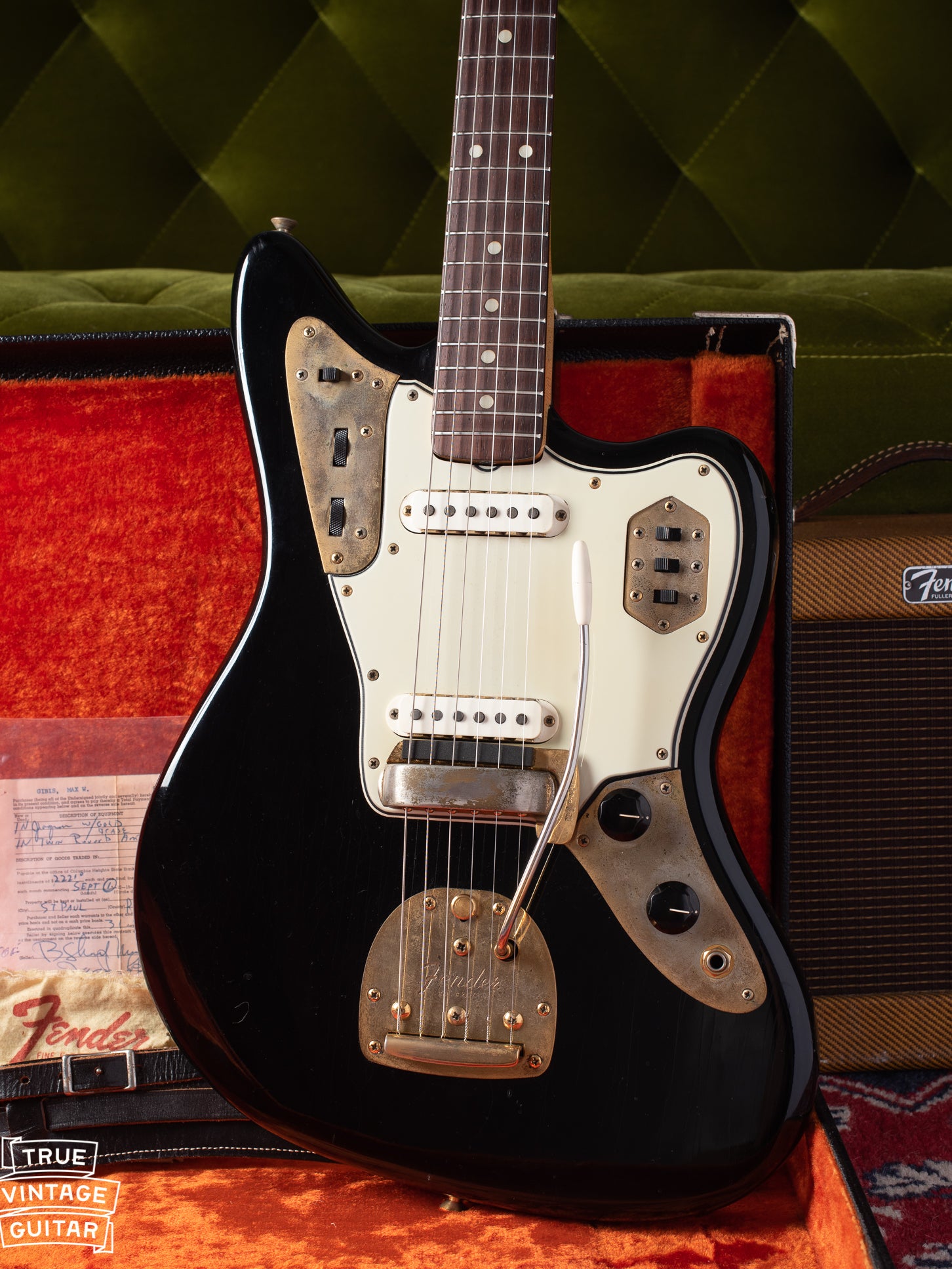 gold hardware on vintage Fender Jaguar guitar