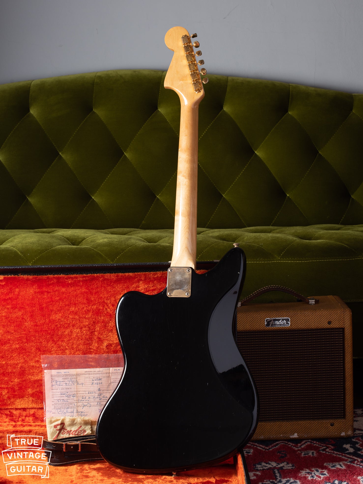 Back of 1965 Fender Jaguar Black with gold hardware