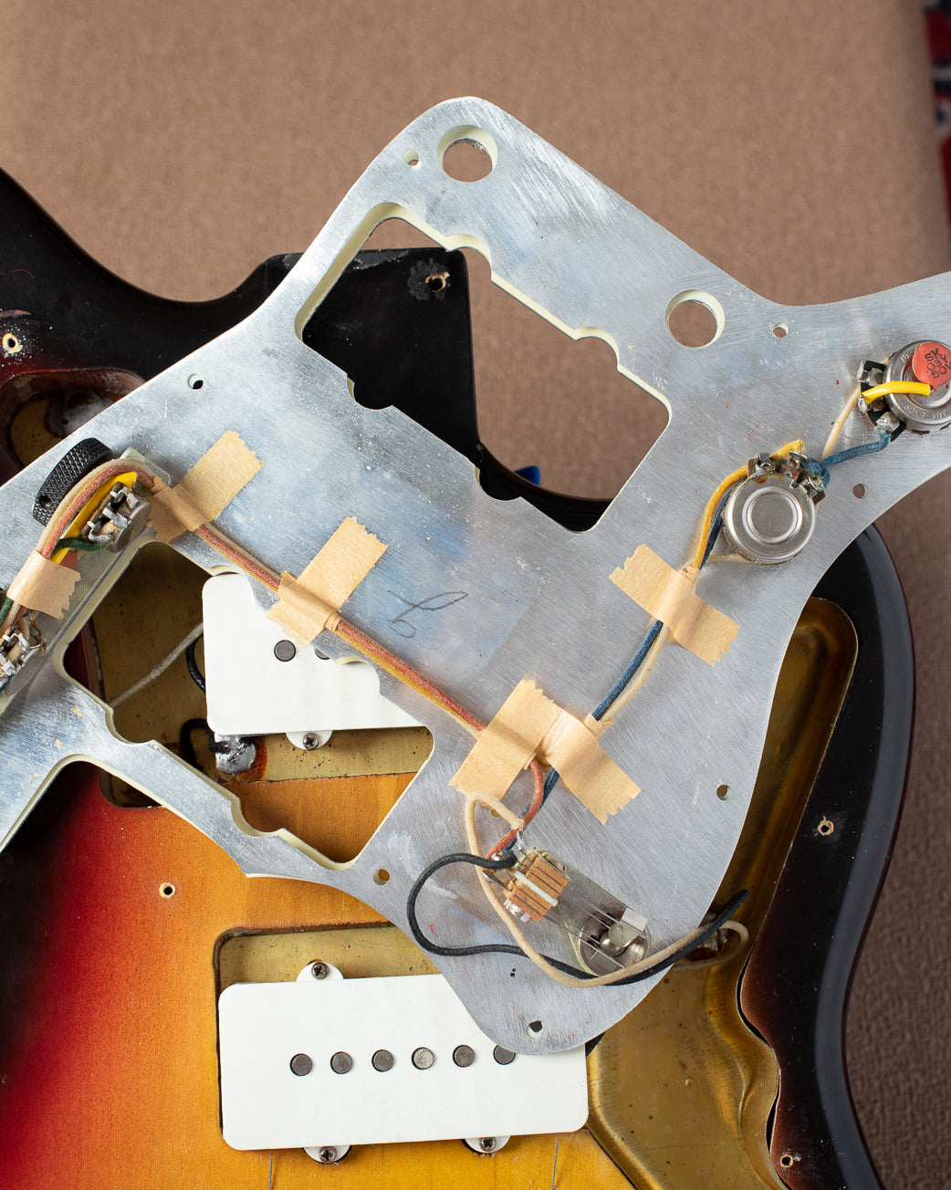 Electronics, switches, potentiometer, wiring, underside of pickguard for Fender Jazzmaster 1963