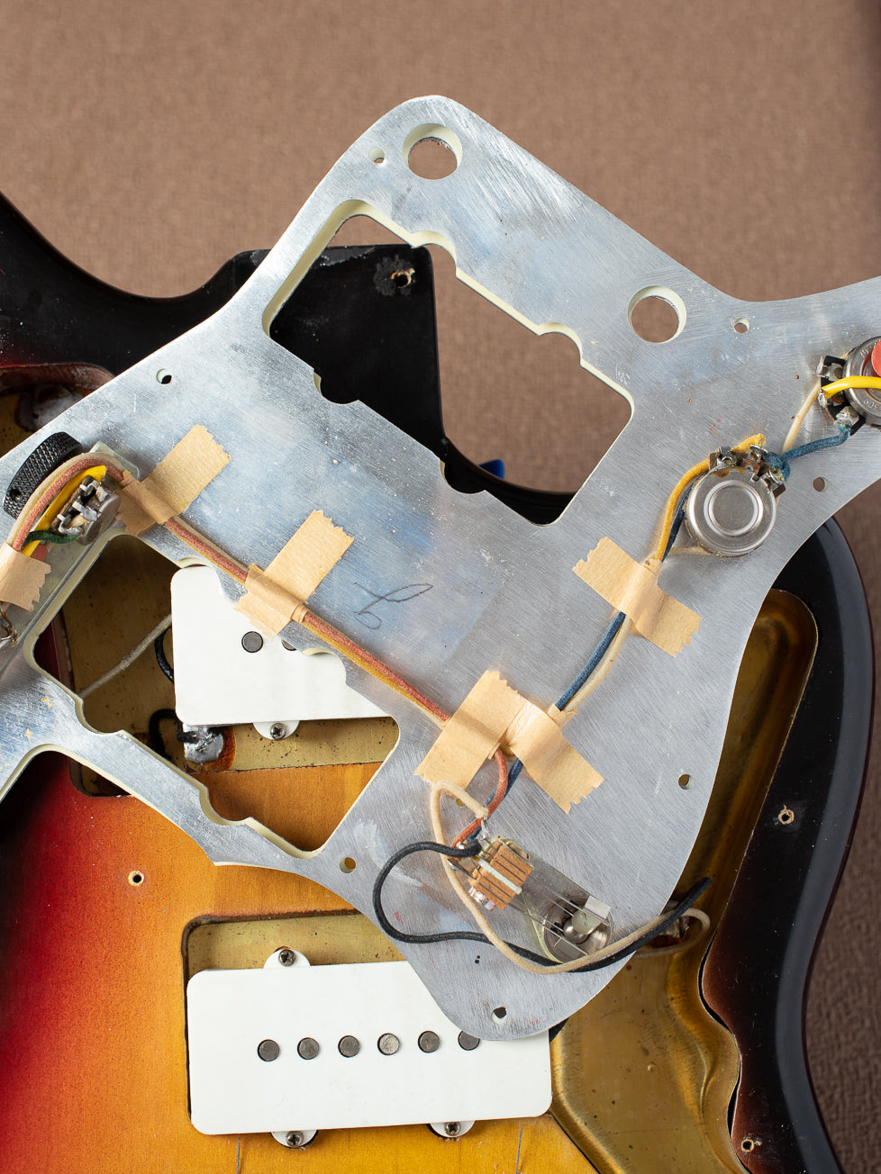 Electronics, switches, potentiometer, wiring, underside of pickguard for Fender Jazzmaster 1963