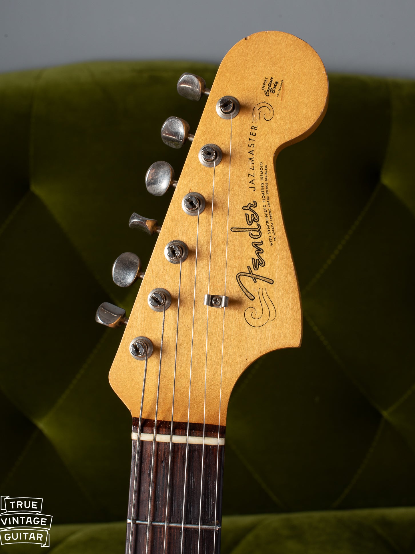 Spaghetti style Fender logo on headstock of Fender Jazzmaster 1964