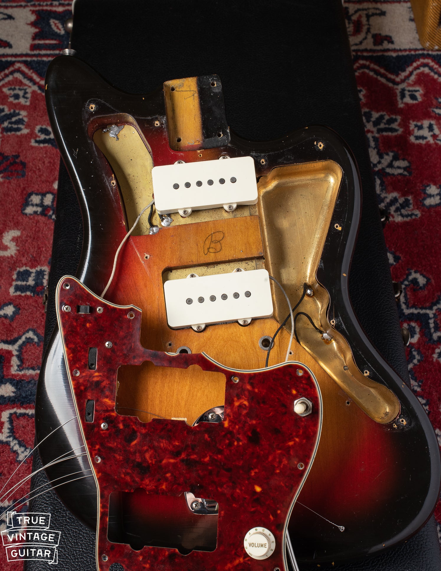 B in pencil under pickguard of 1964 Fender Jazzmaster