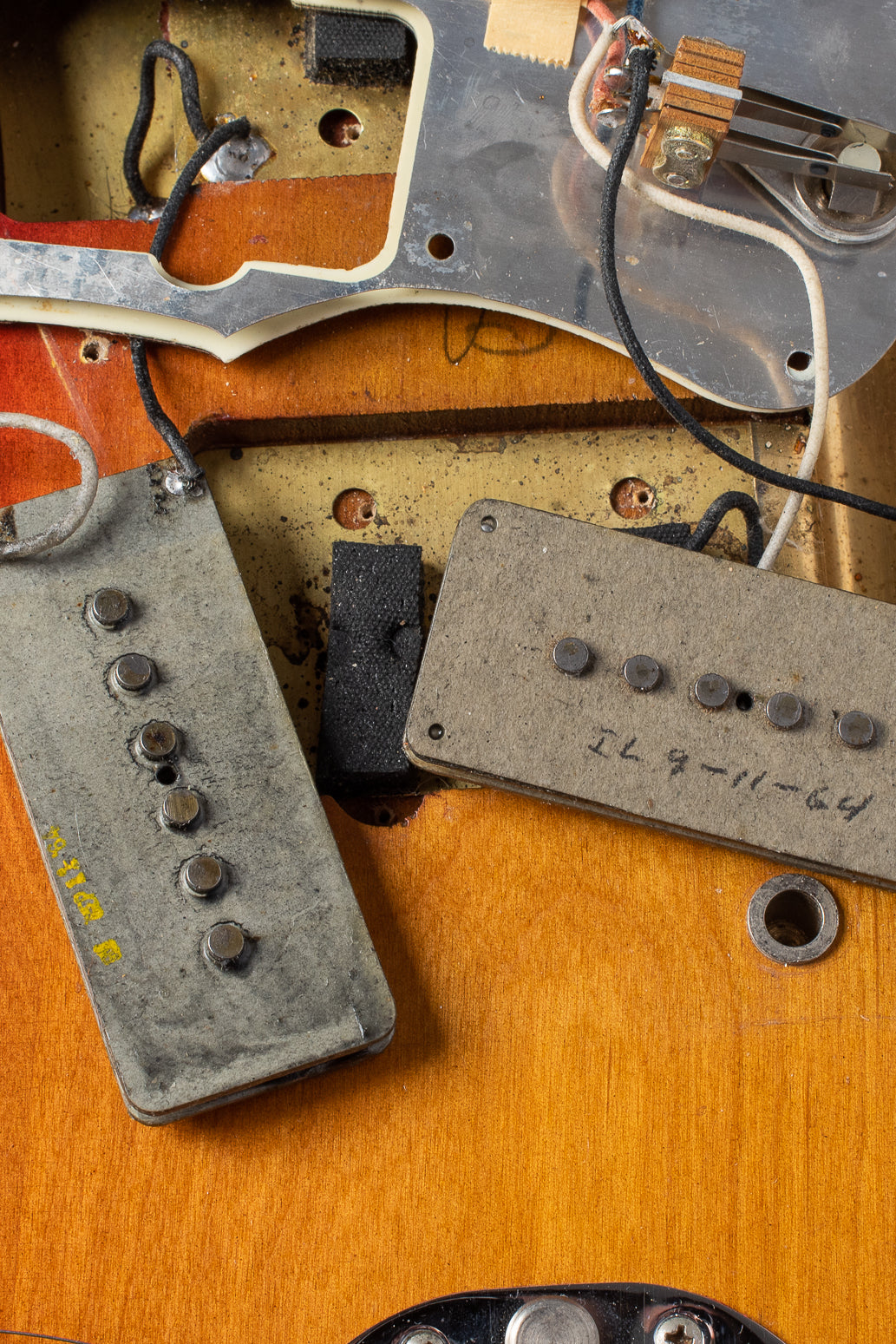 Grey bobbin pickups with dates on 1964 Fender Jazzmaster