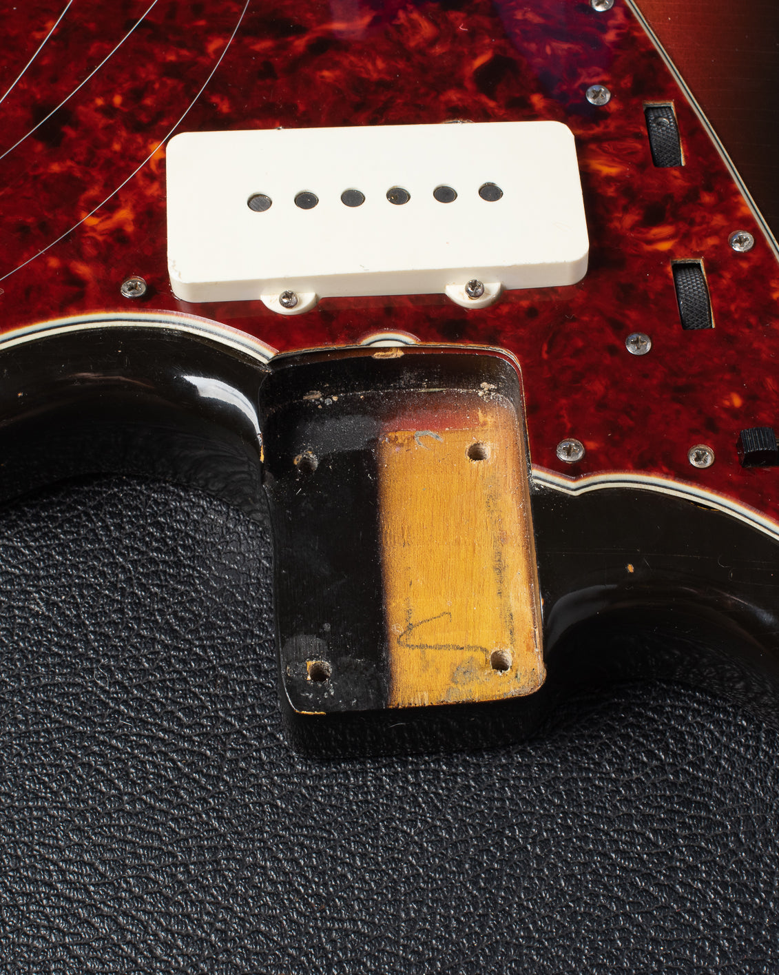 Neck pocket with paint stick mark on 1964 Fender jazzmaster