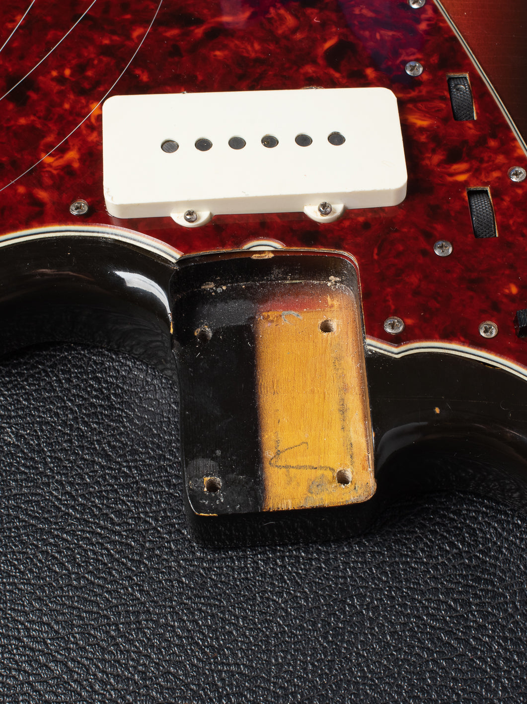 Neck pocket with paint stick mark on 1964 Fender jazzmaster