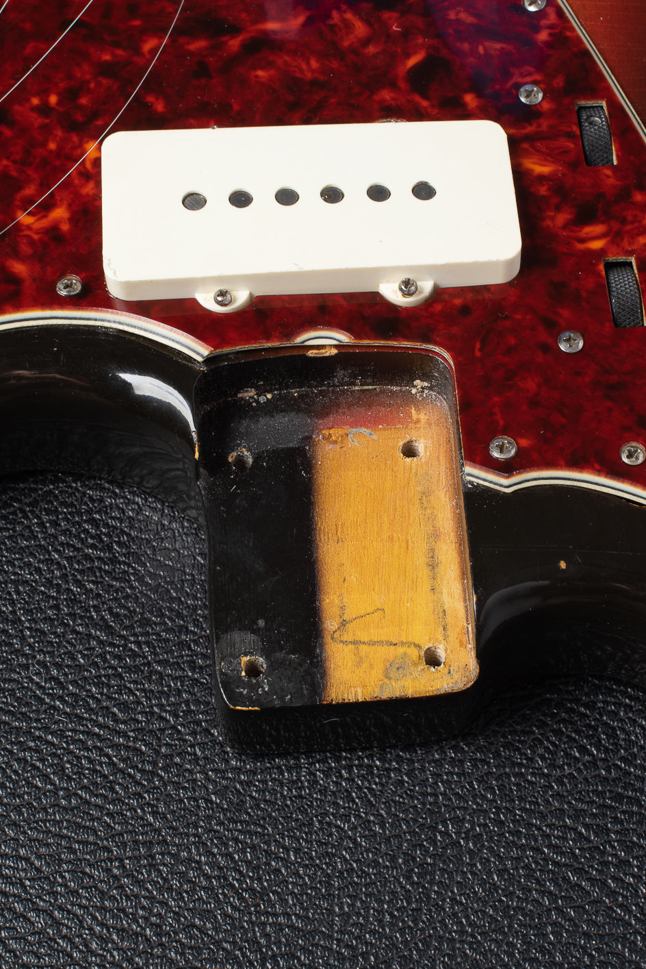 Neck pocket with paint stick mark on 1964 Fender jazzmaster