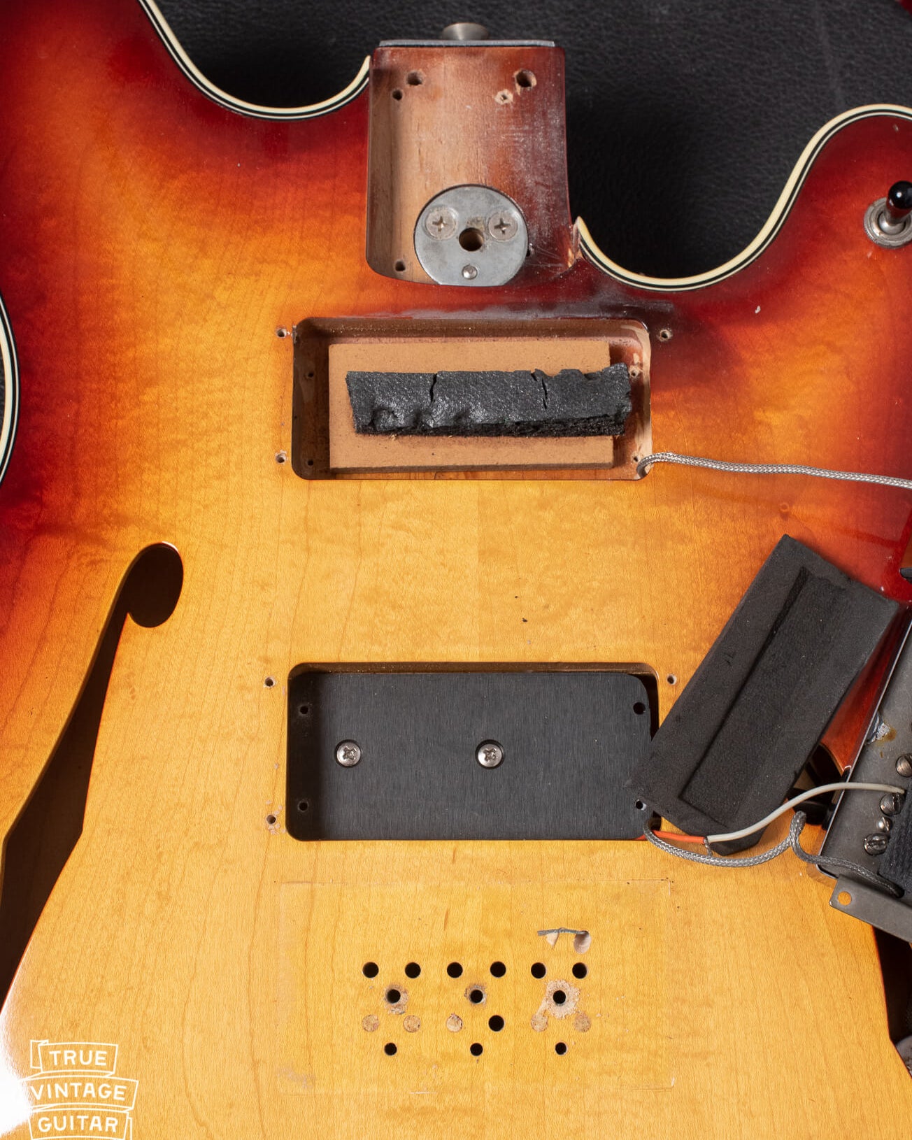 Offset guitar style pickup mounting foam on Fender Starcaster prototype guitar