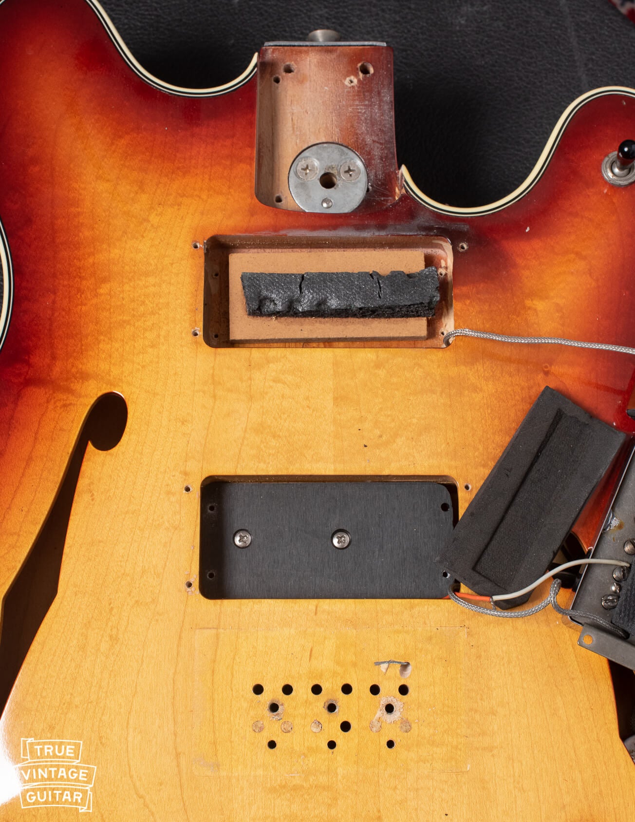 Offset guitar style pickup mounting foam on Fender Starcaster prototype guitar