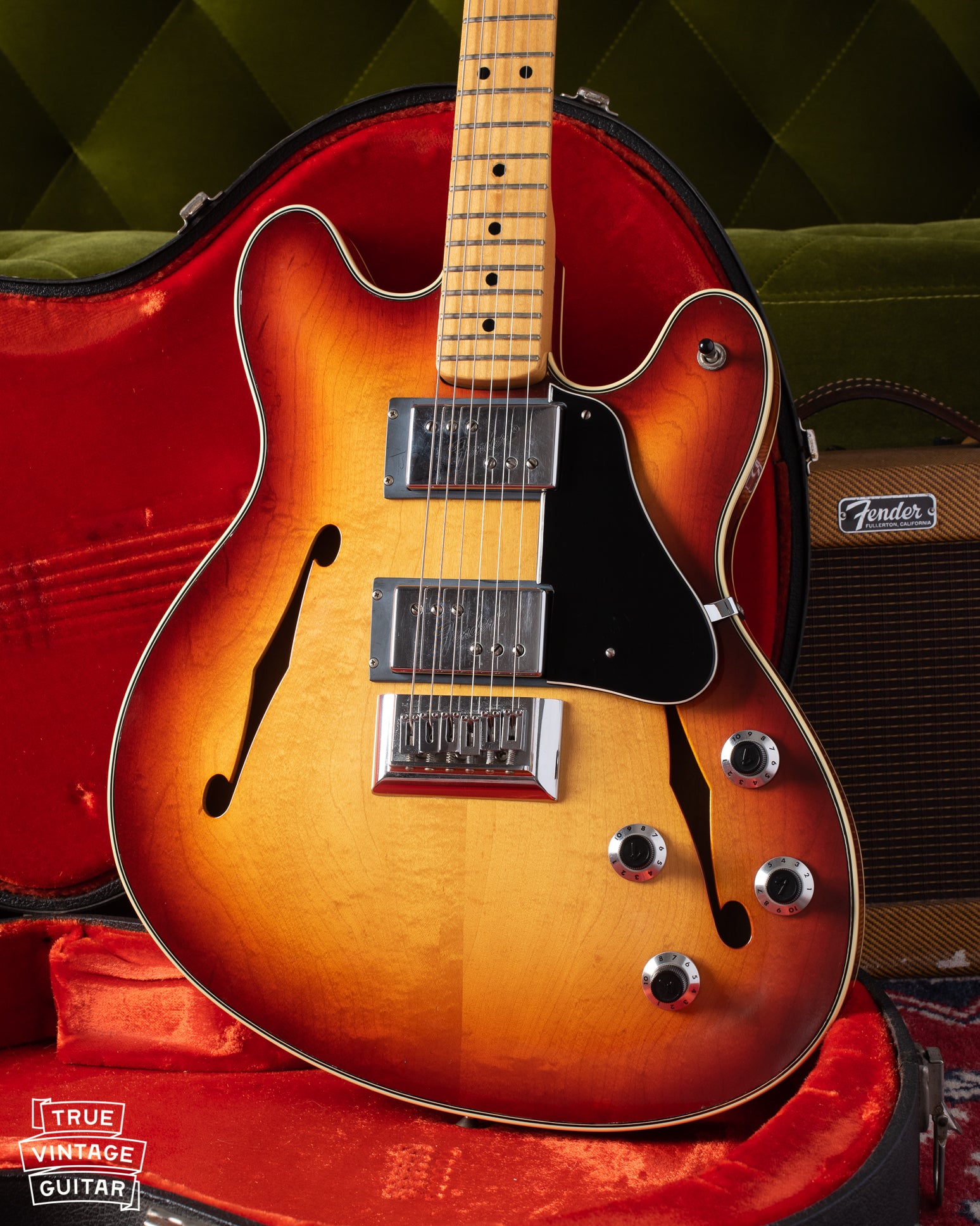 Fender Starcaster Gene Fields Prototype guitar with no master volume. Four knobs.