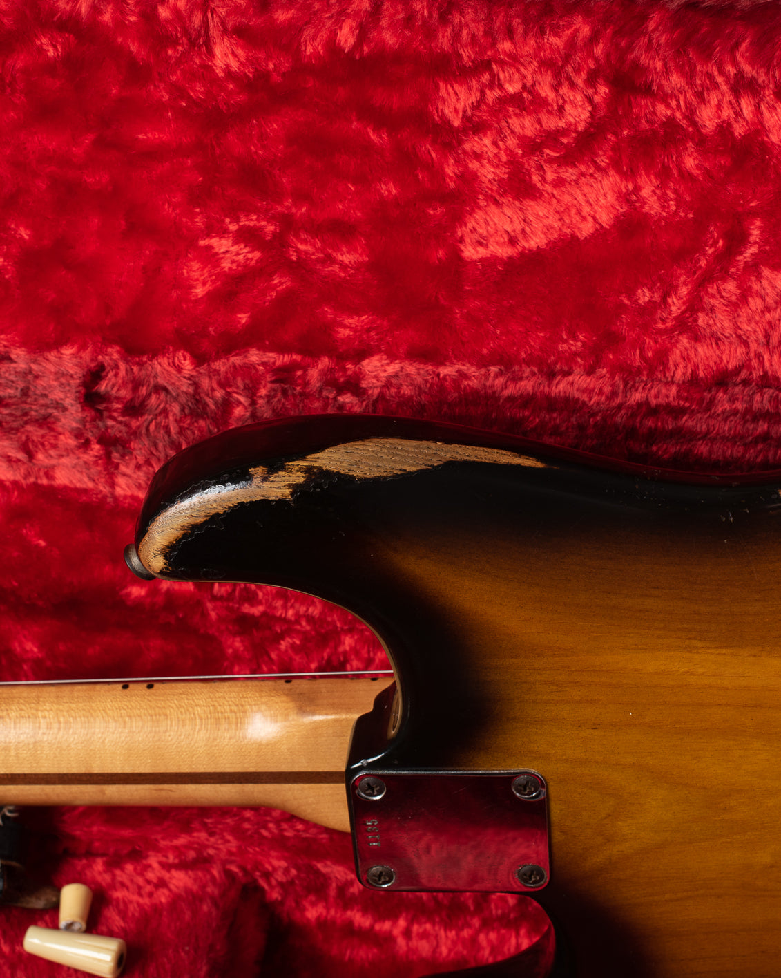 Finish wear on bass side horn of 1954 Fender Stratocaster