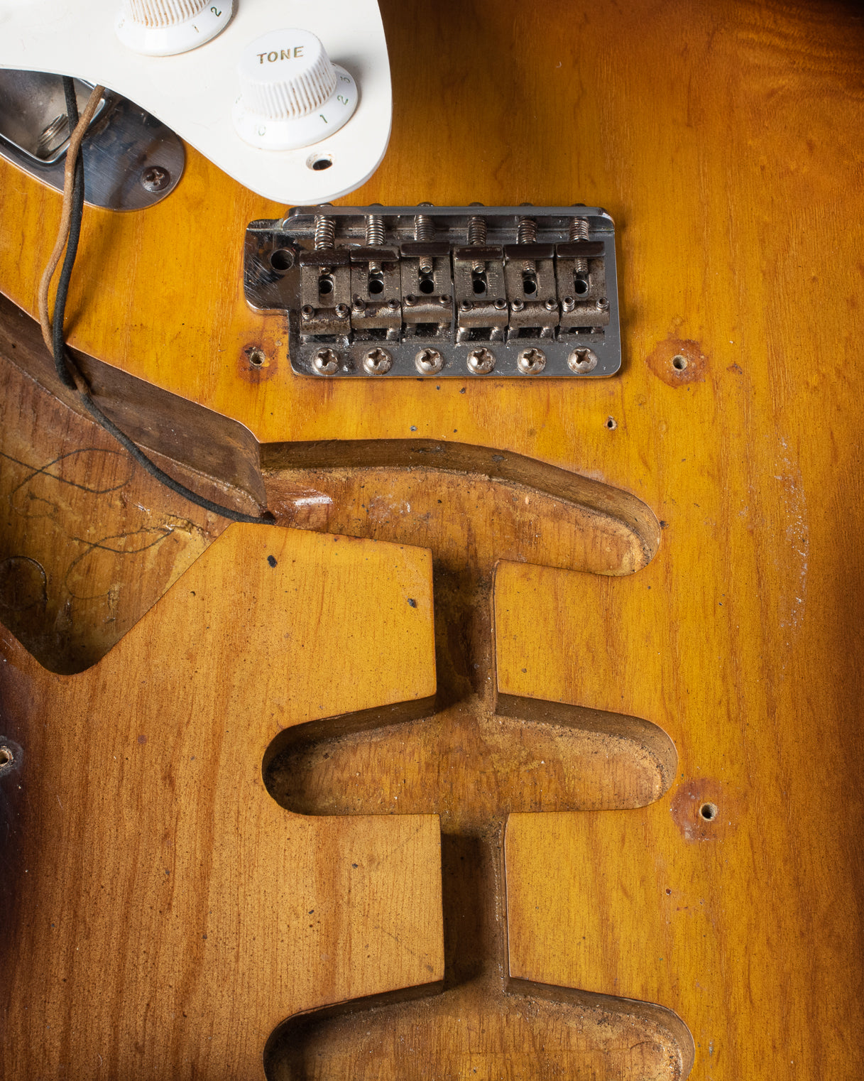 Nail hole, pickup cavities, Fender Stratocaster 1954