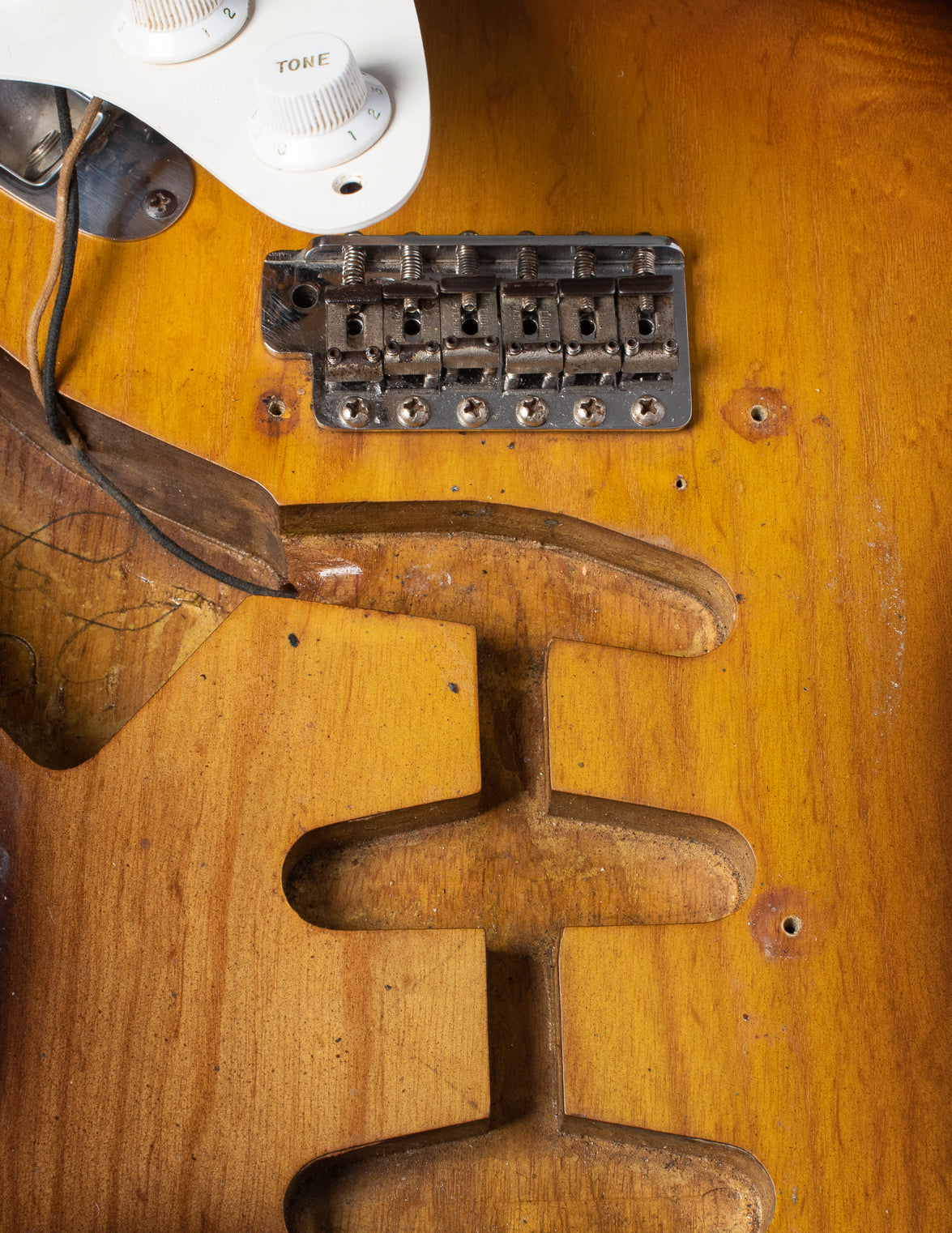 Nail hole, pickup cavities, Fender Stratocaster 1954