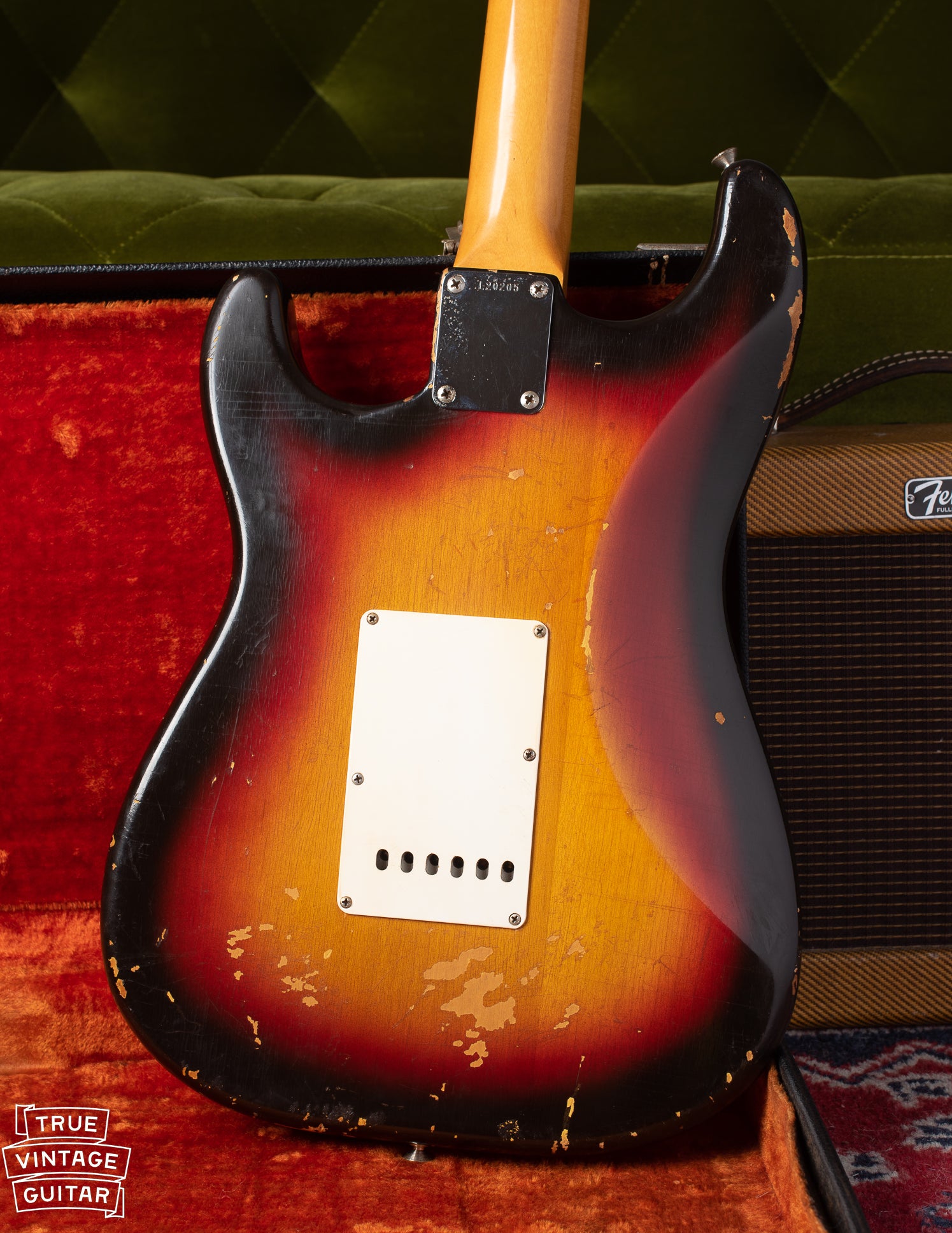 Back of 1963 Stratocaster body with tremolo cover