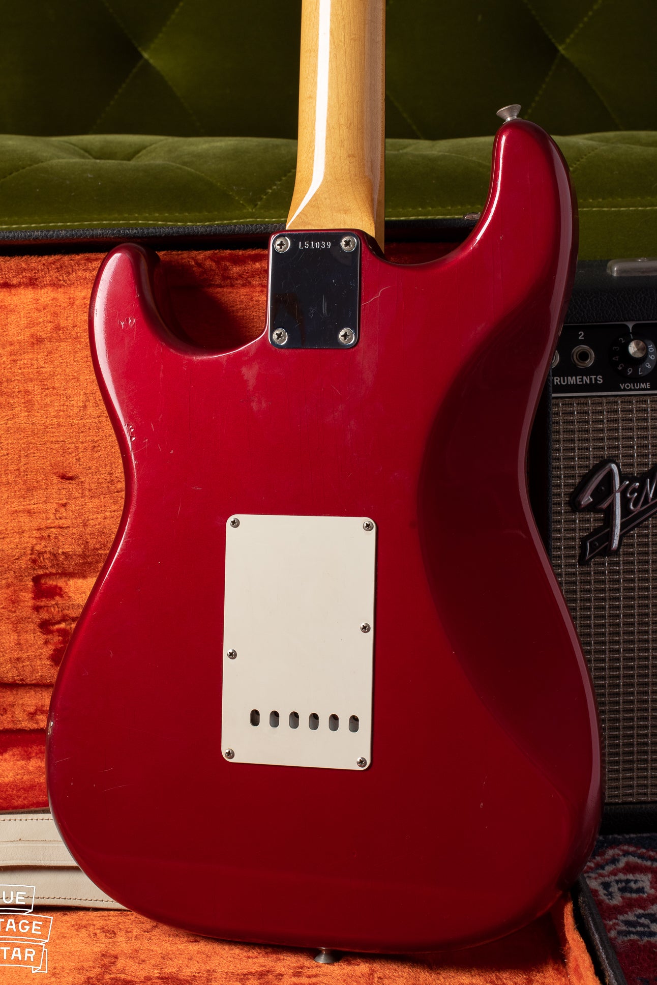 Back of the body of the 1965 Fender Stratocaster with custom color Candy Apple Red finish