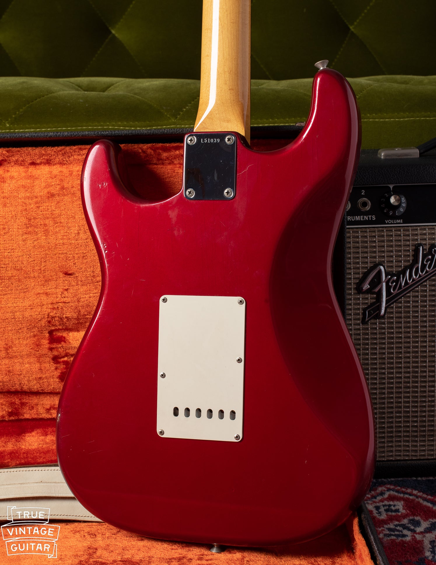 Back of the body of the 1965 Fender Stratocaster with custom color Candy Apple Red finish