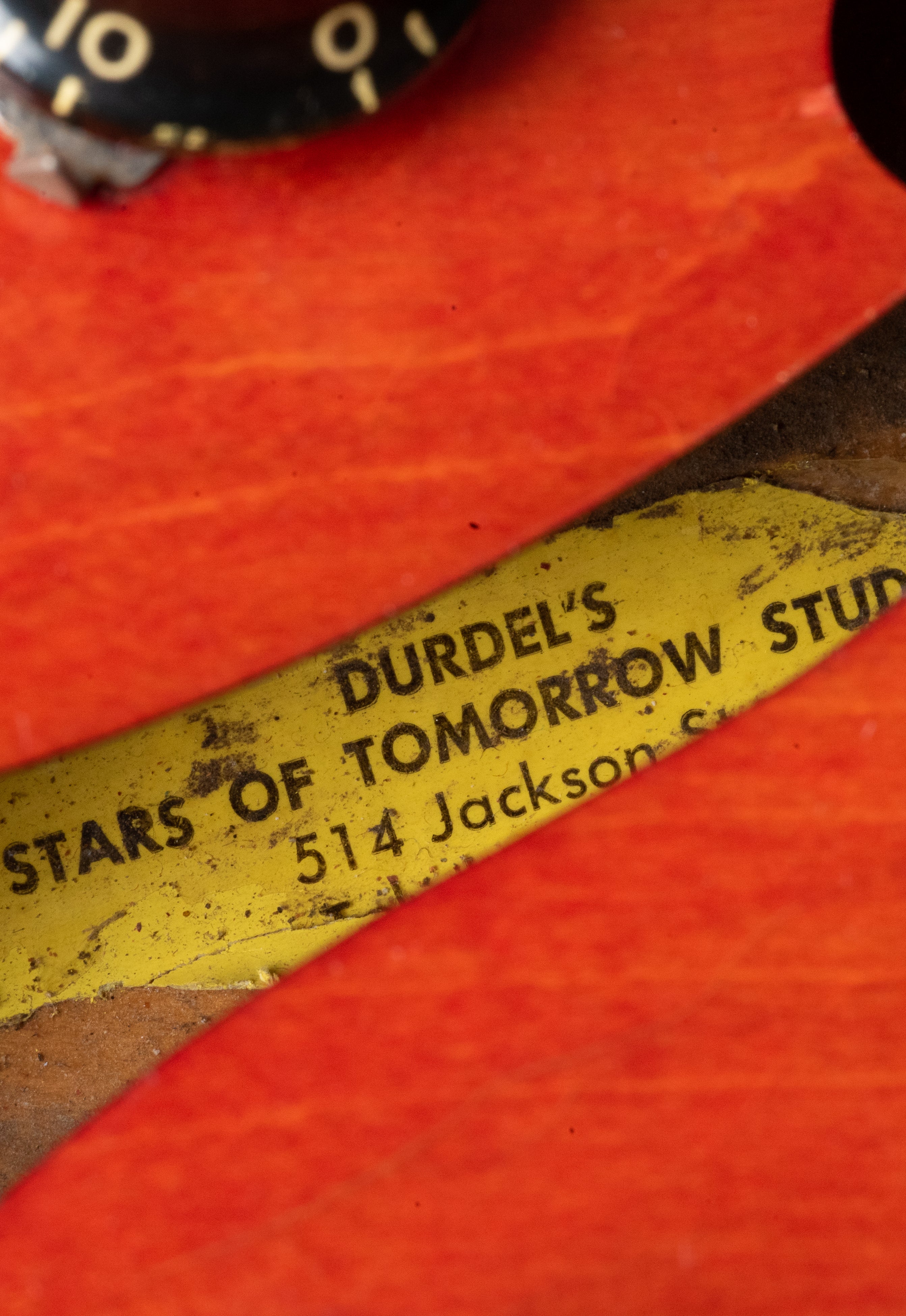Yellow tag inside Gibson reading Durdel's Stars Of Tomorrow Studio