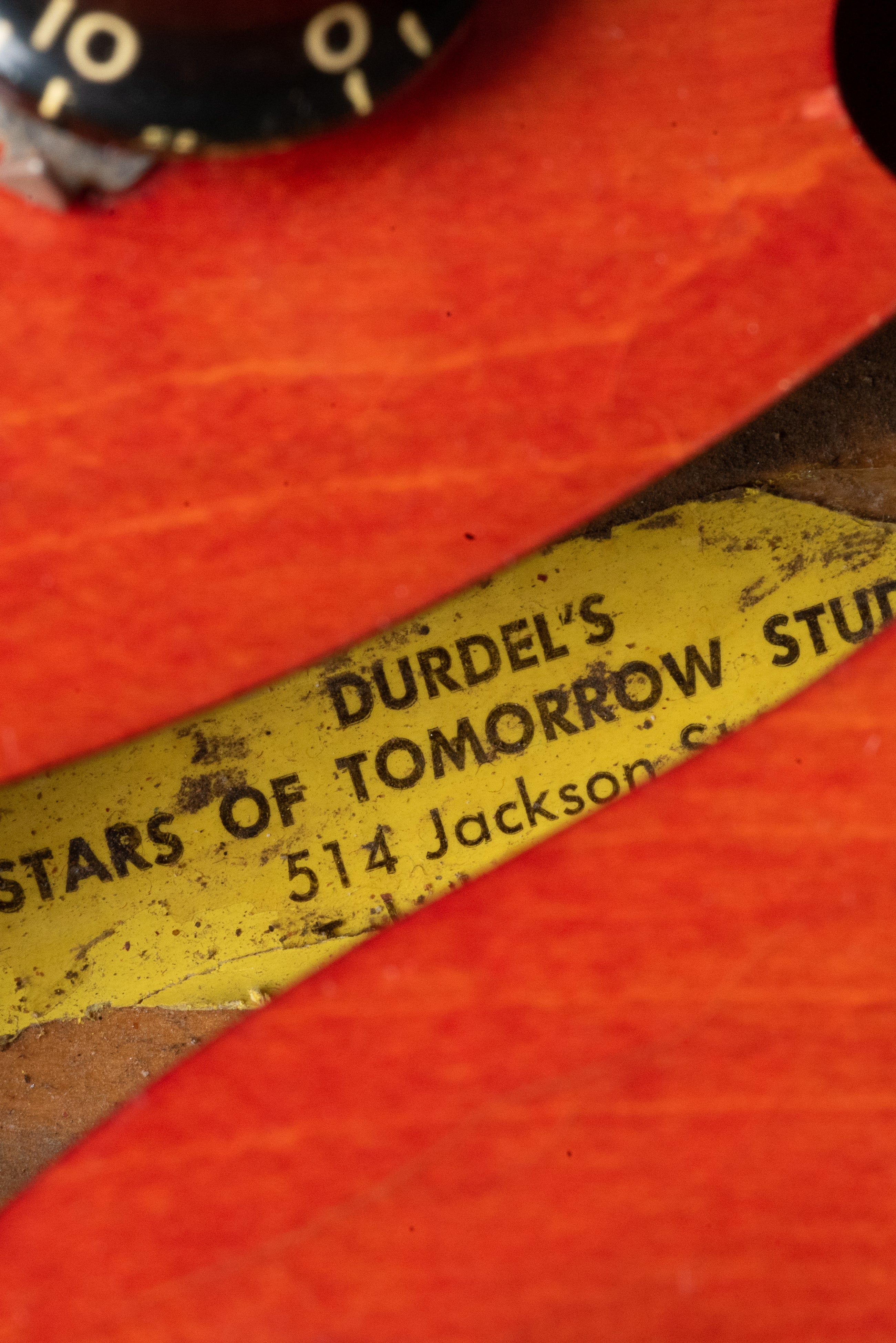 Yellow tag inside Gibson reading Durdel's Stars Of Tomorrow Studio