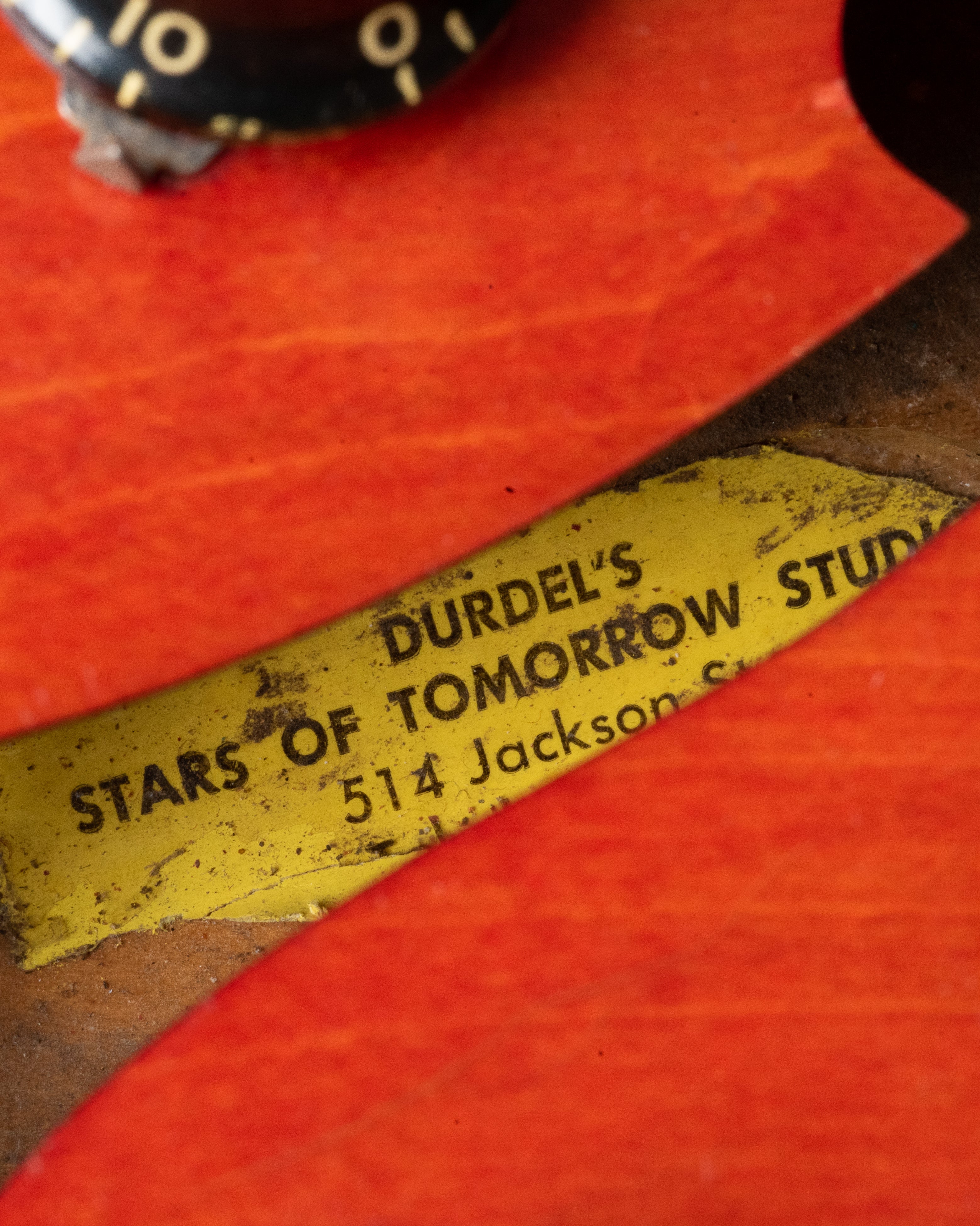 Yellow tag inside Gibson reading Durdel's Stars Of Tomorrow Studio
