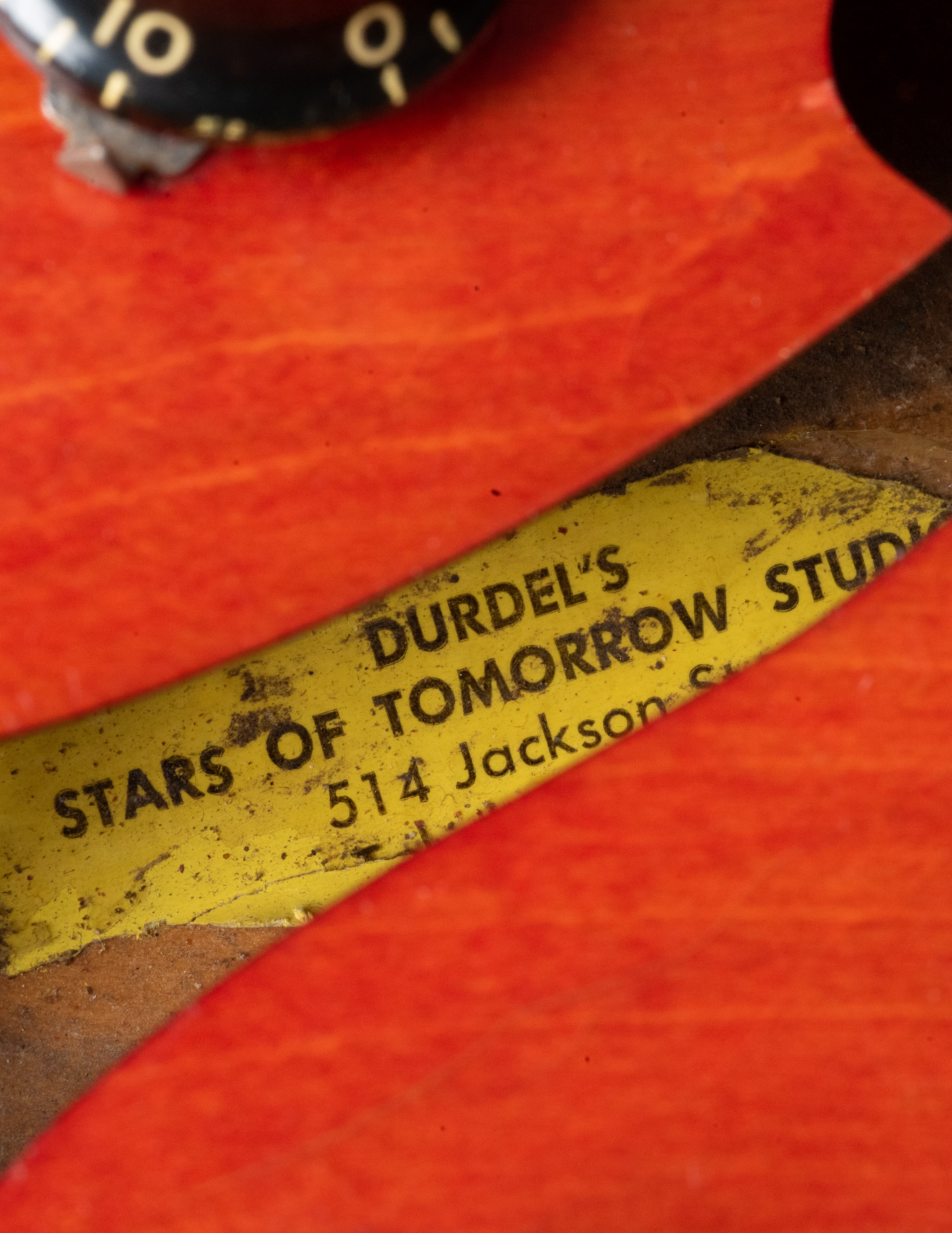 Yellow tag inside Gibson reading Durdel's Stars Of Tomorrow Studio