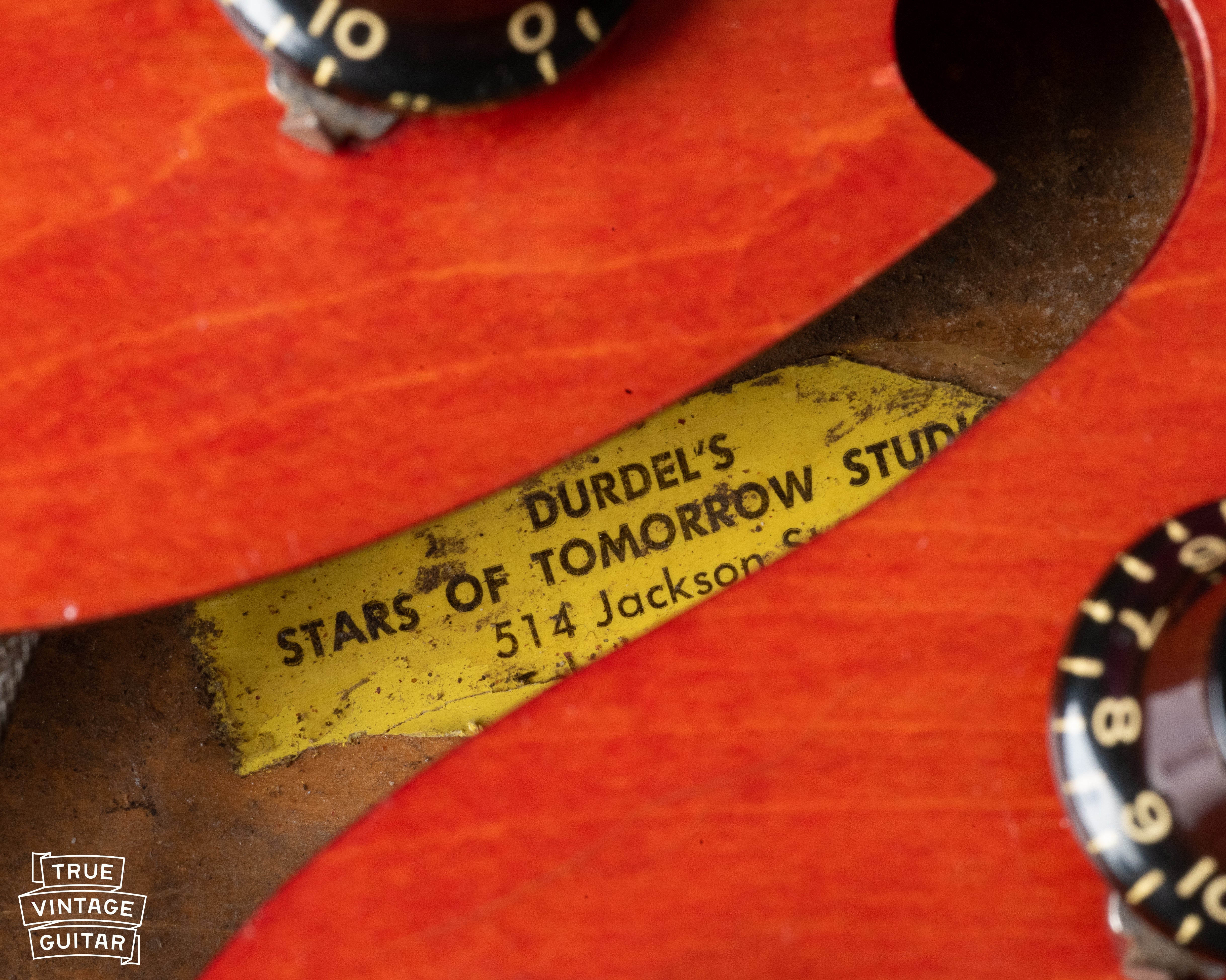 Yellow tag inside Gibson reading Durdel's Stars Of Tomorrow Studio