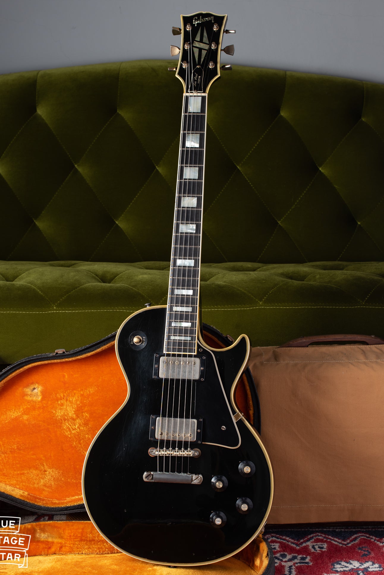 1969 Gibson Les Paul Custom guitar black with yellow interior case.