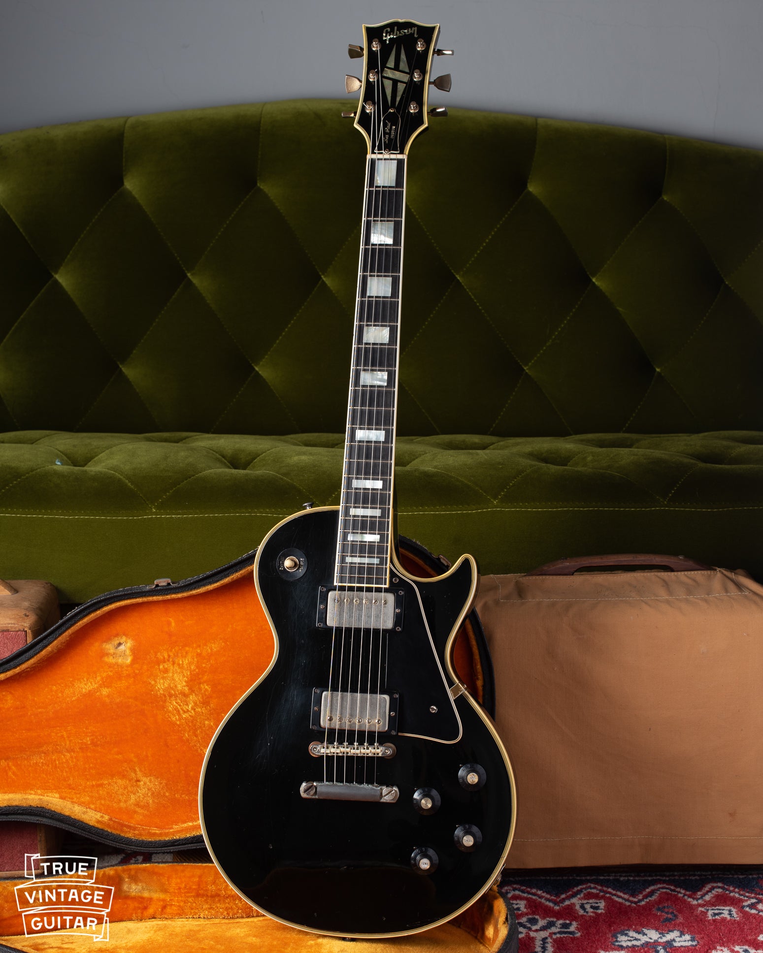 1969 Gibson Les Paul Custom guitar black with yellow interior case.