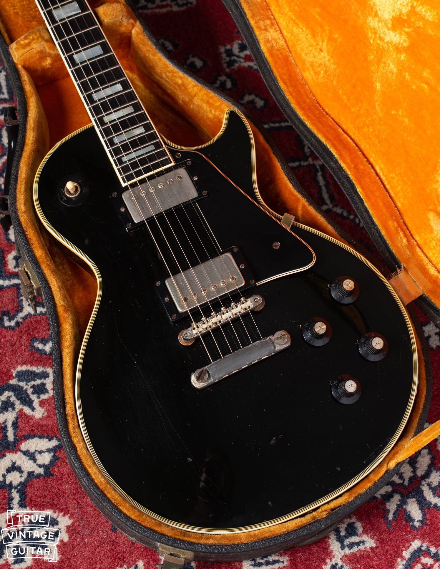 1969 Gibson Les Paul Custom black with gold parts in yellow and black case. 