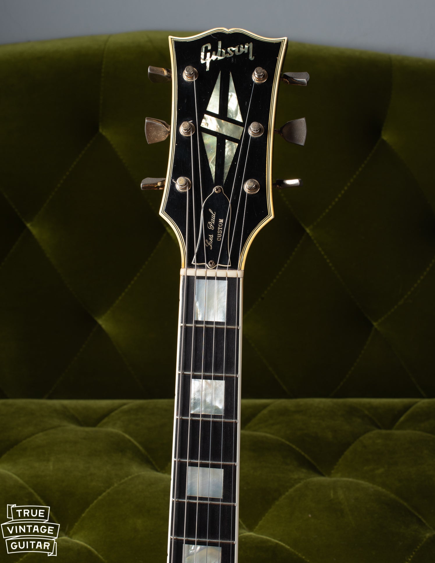 Neck with large pearl block fretboard inlays 1969 Gibson Les Paul Custom. 