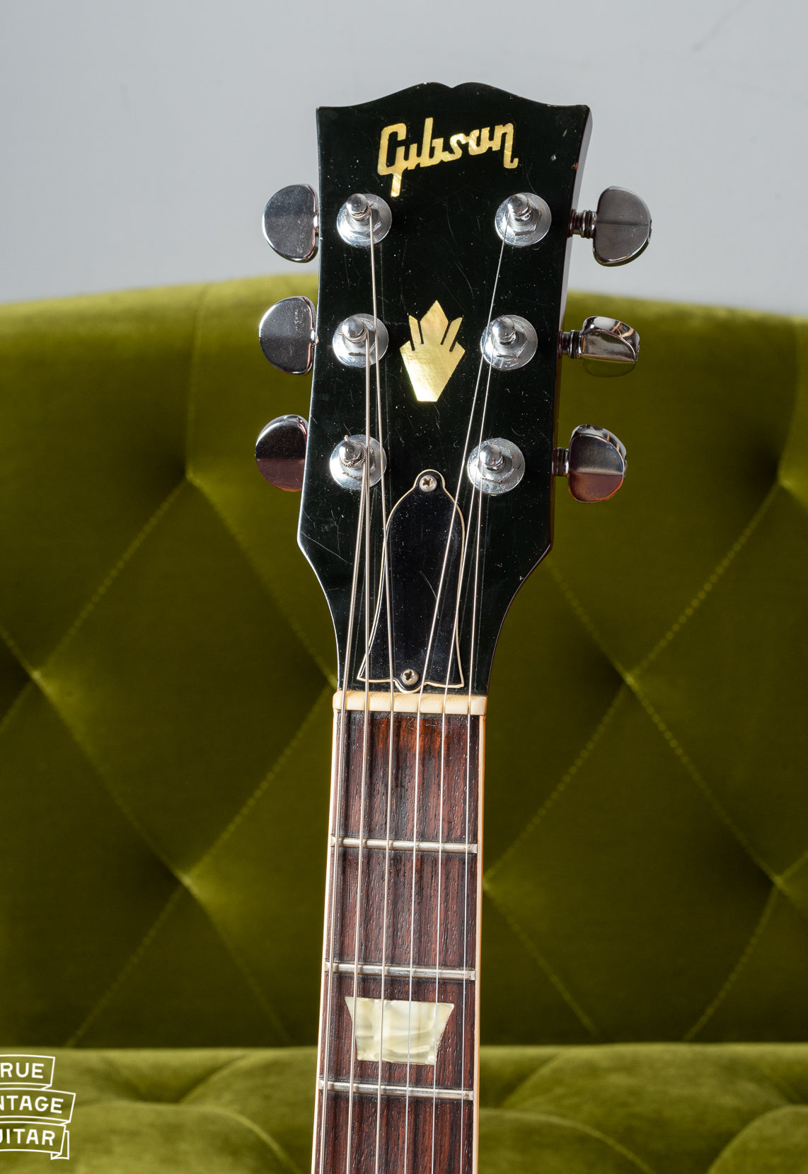 Neck of Gibson SG Standard 1969 with block logo with no dot over I