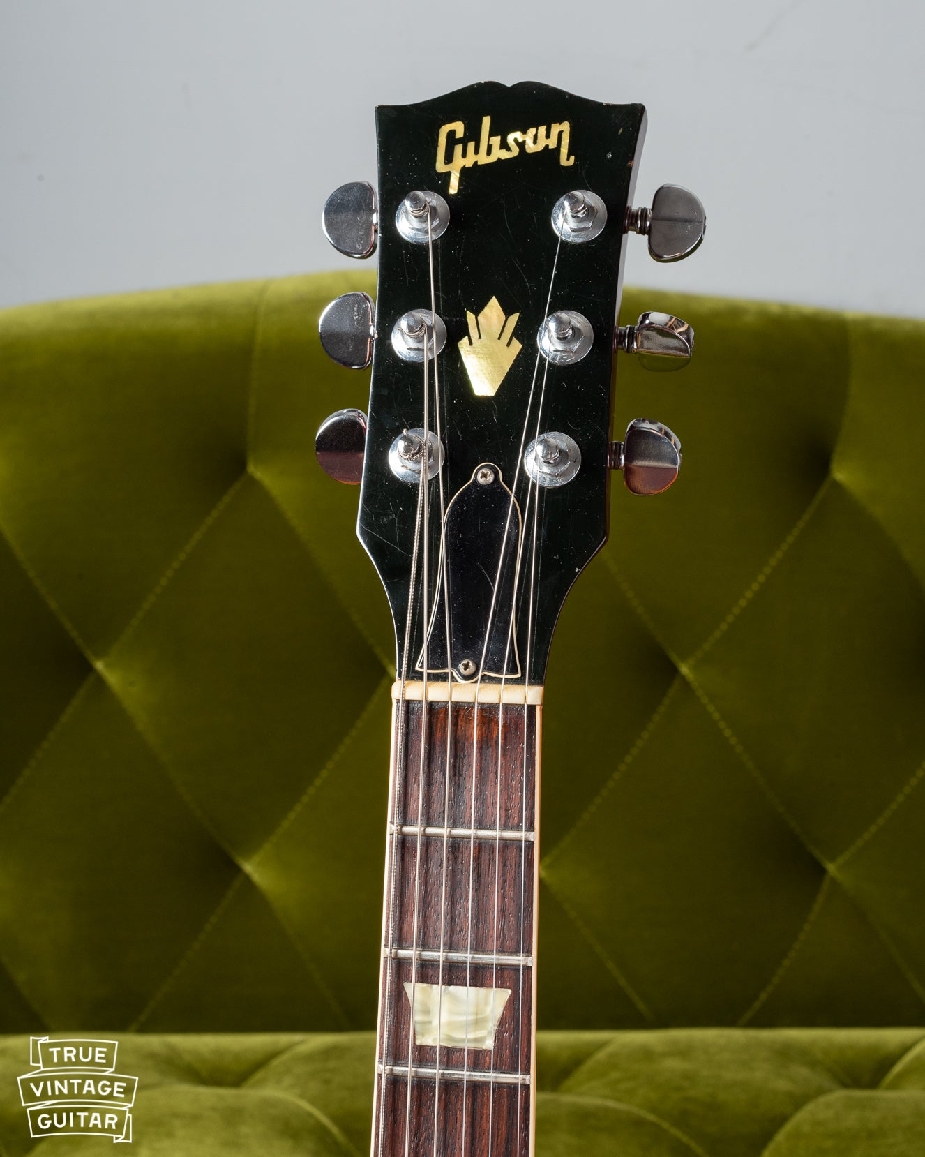 Neck of Gibson SG Standard 1969 with block logo with no dot over I